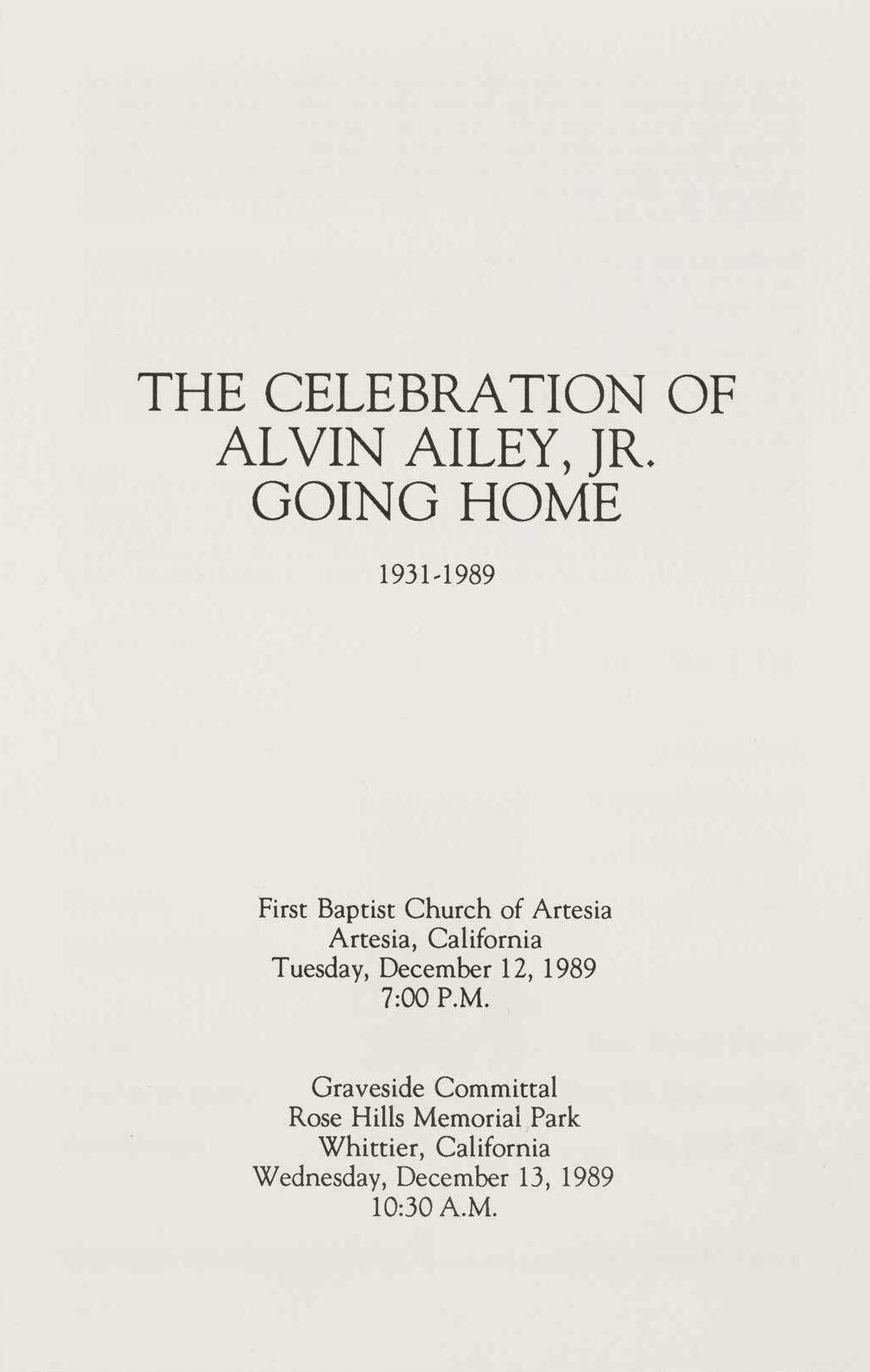 Funeral program for Alvin Ailey, Jr., 1931-1989. Services at First Baptist Church of Artesia, CA, Dec 12, 1989, 7 PM, and Rose Hills Memorial Park, Dec 13, 1989, 10:30 AM.