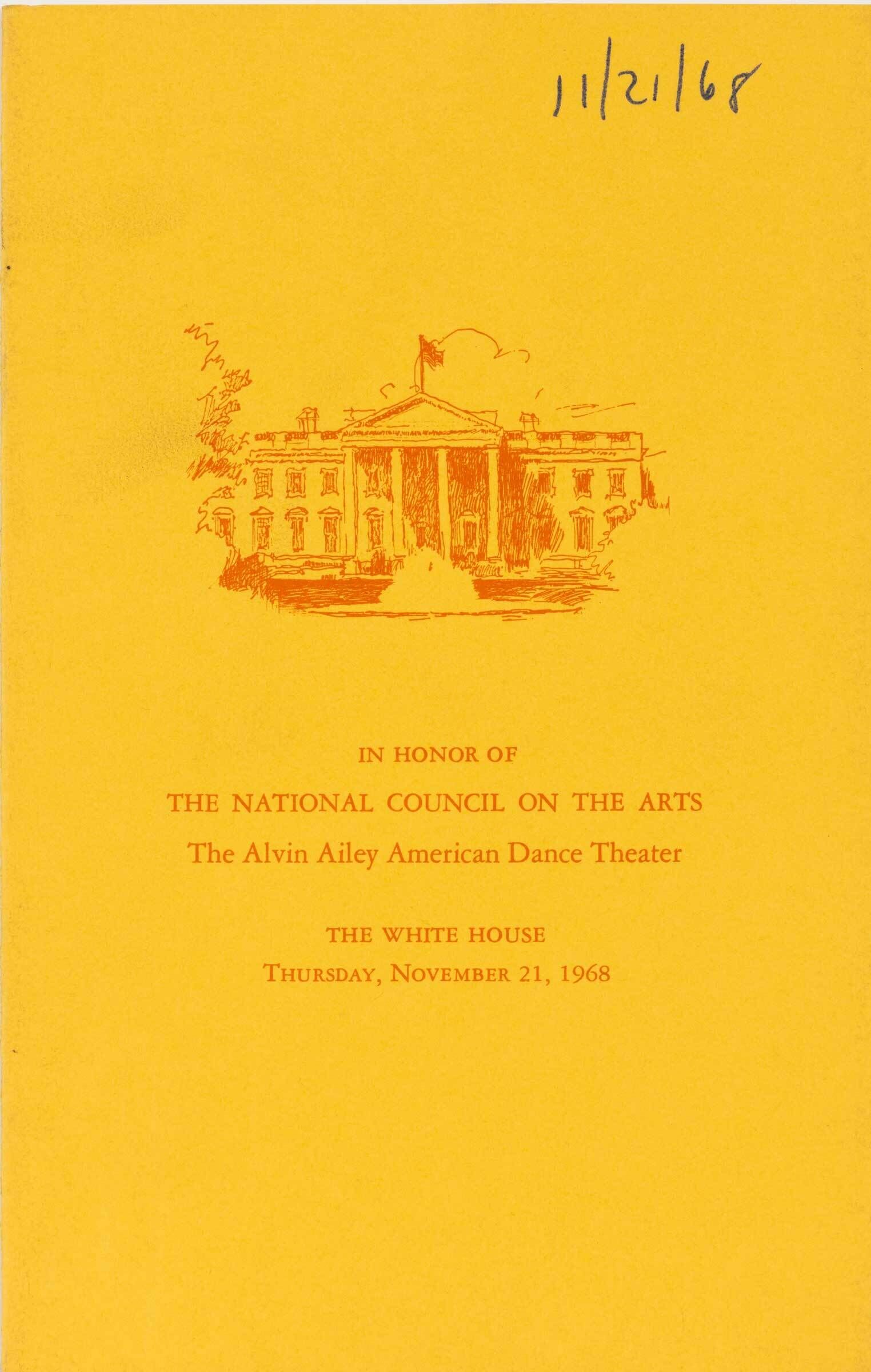 Yellow program cover for the National Council on the Arts event at the White House, featuring the Alvin Ailey American Dance Theater, dated 11/21/68.