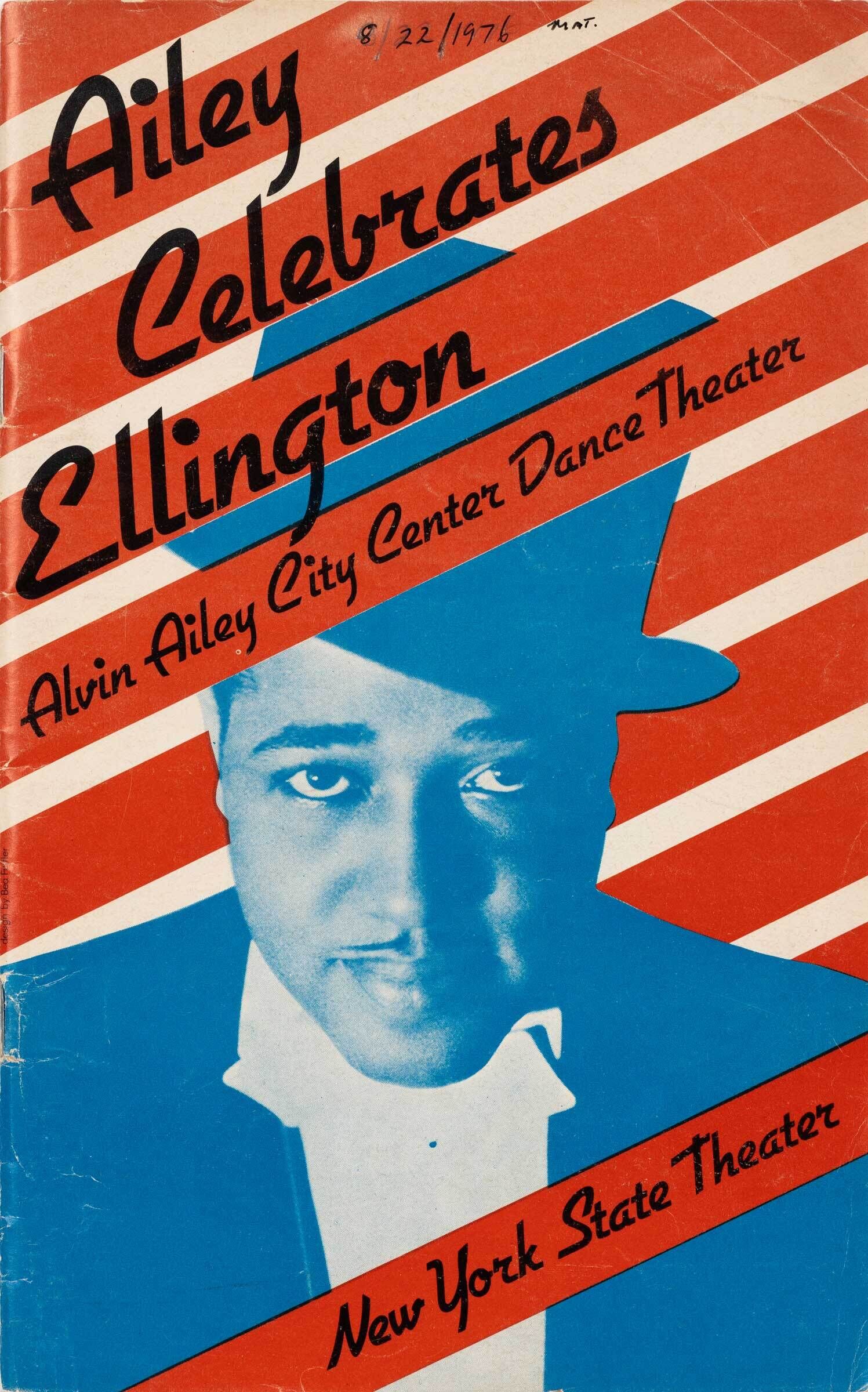 Red and white striped poster with a blue-tinted portrait, titled "Ailey Celebrates Ellington" for Alvin Ailey City Center Dance Theater, New York State Theater.