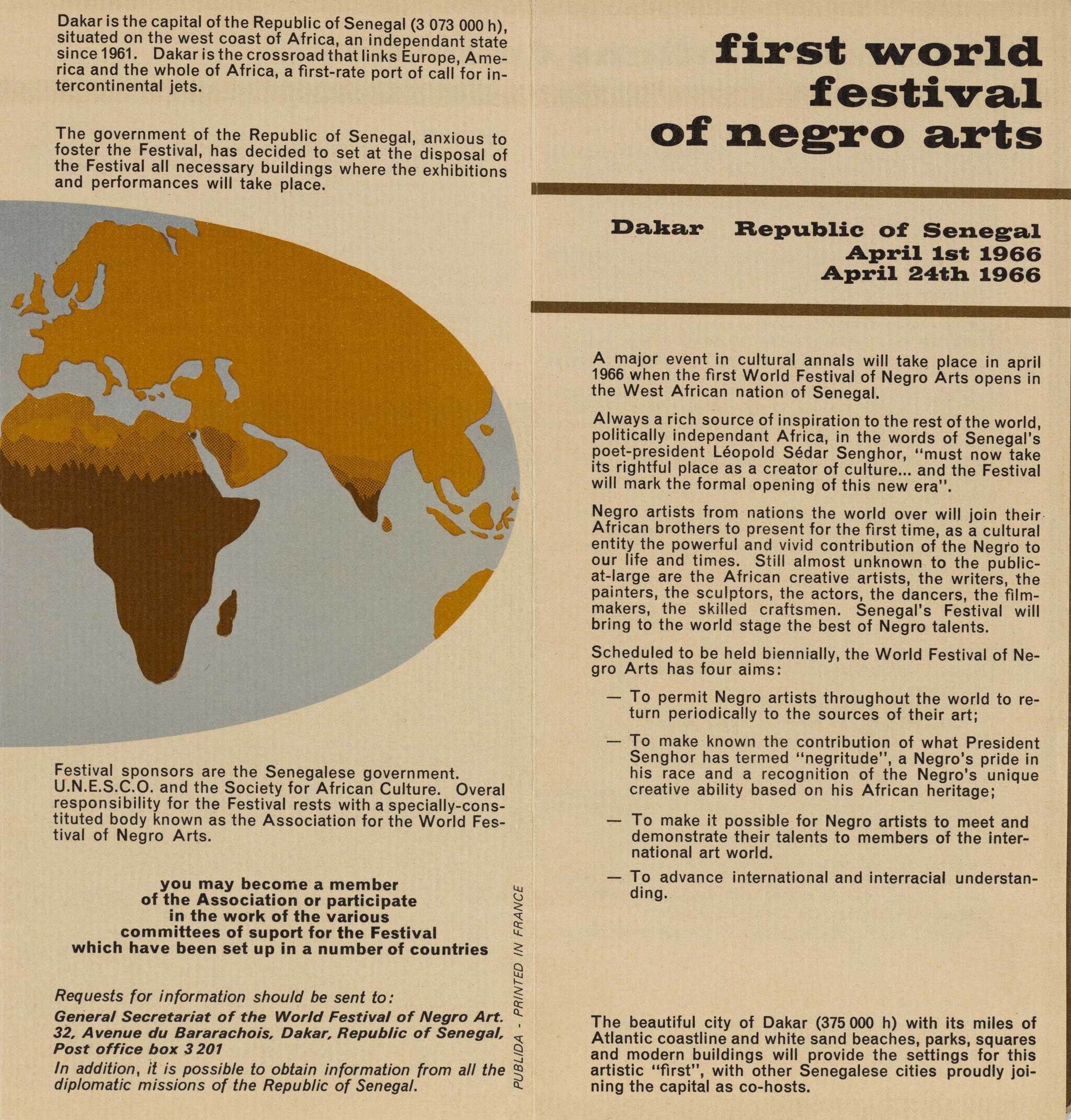 Flyer for the first World Festival of Negro Arts in Dakar, Senegal, April 1-24, 1966. Includes a map of Africa and event details.