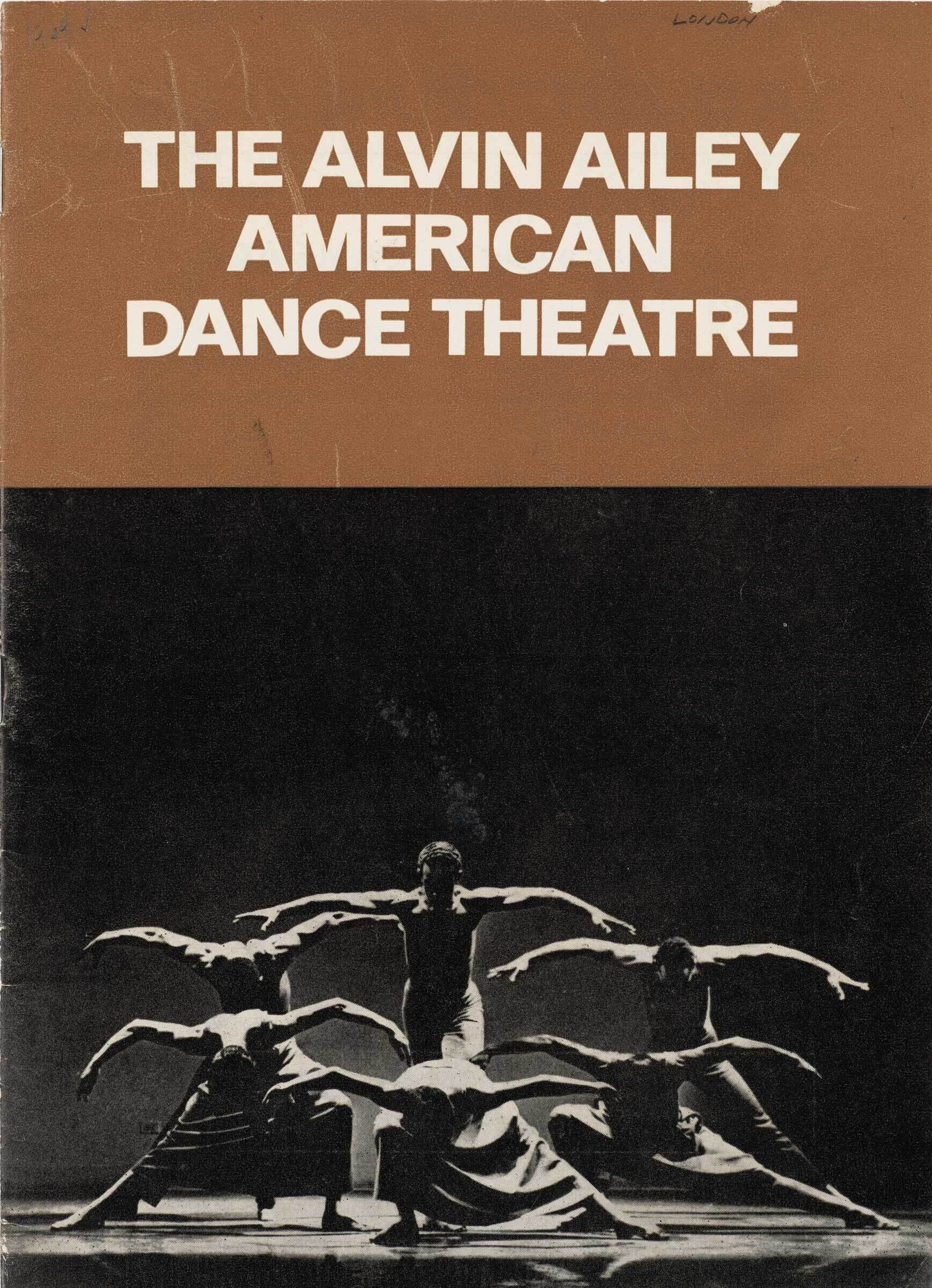 Cover of "The Alvin Ailey American Dance Theatre" program with dancers in a dramatic pose. Text above reads "1964 October 5 London tour Shaftesbury Theatre."