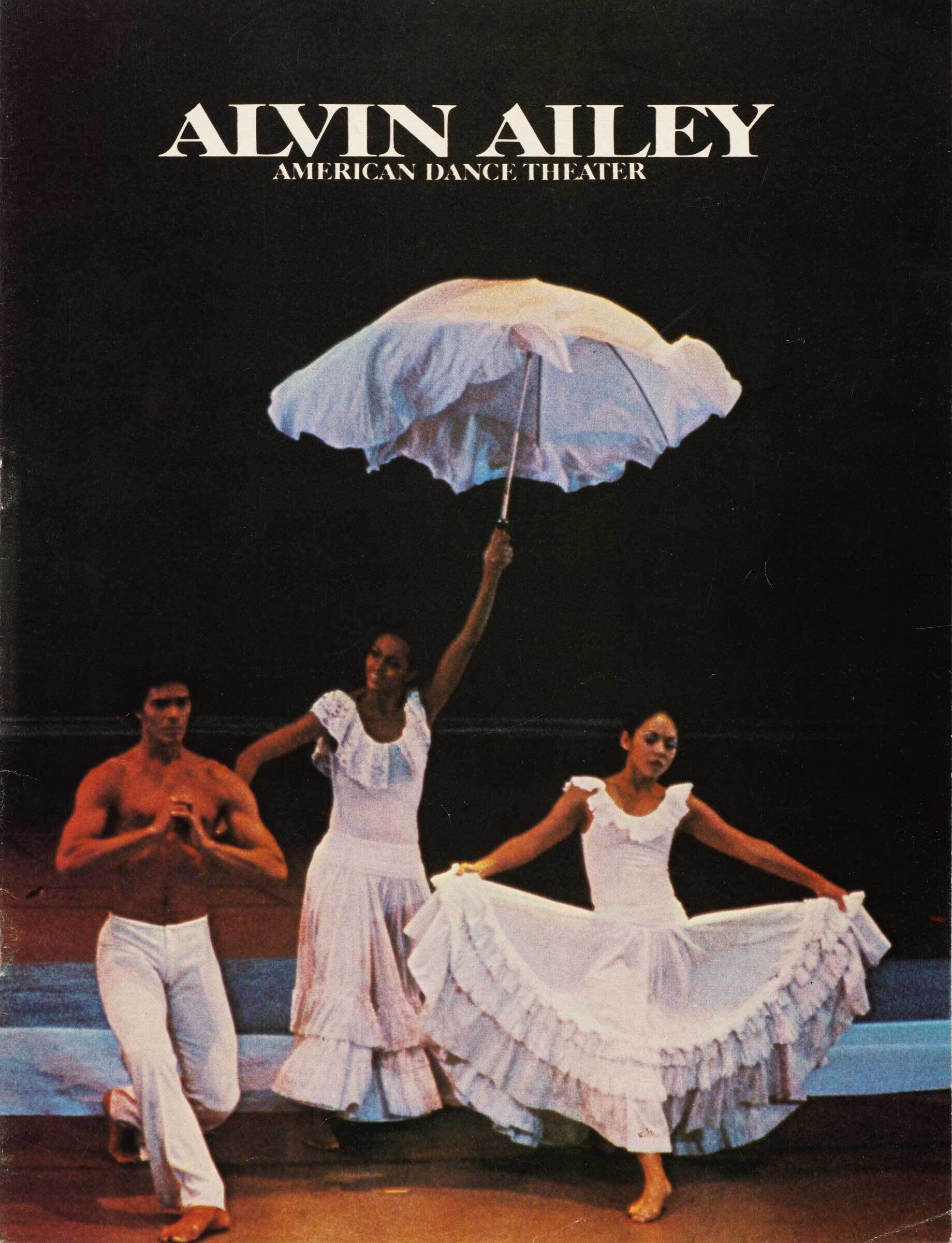 Cover of Alvin Ailey American Dance Theater program featuring three dancers in white costumes, one holding a large white umbrella.