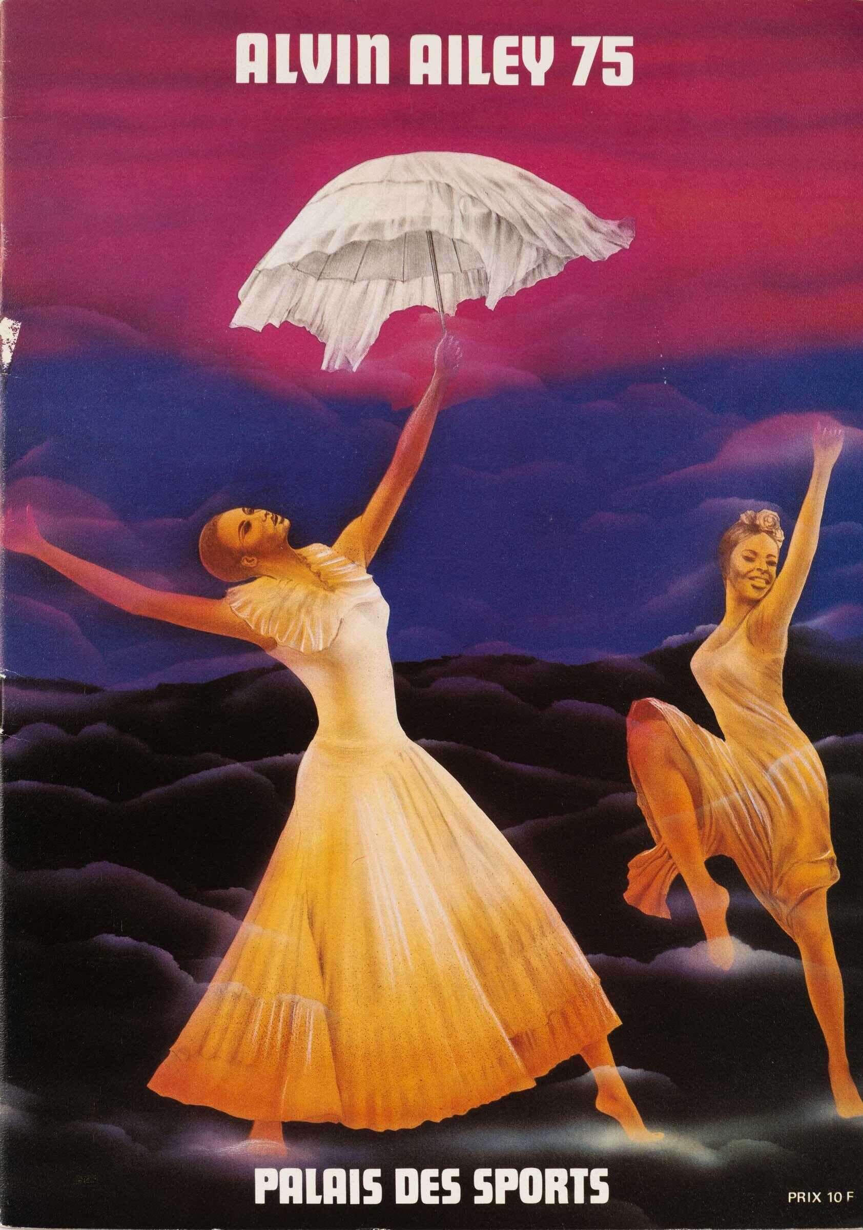 Poster for Alvin Ailey 75 at Palais des Sports, featuring two dancers in flowing dresses against a vibrant sky, one holding a white umbrella.