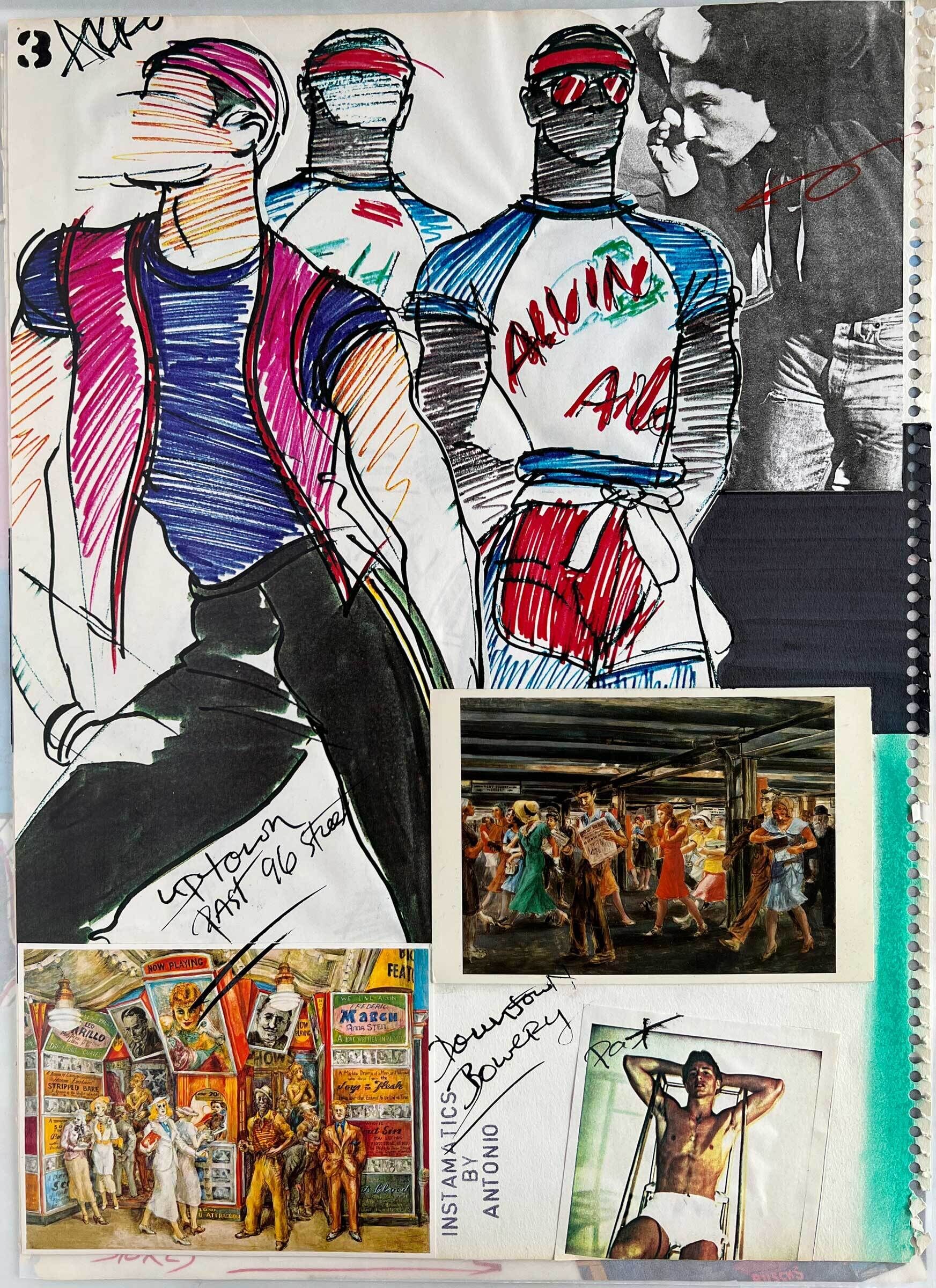 A collage featuring colorful sketches of men in athletic wear, vintage photos of people dancing, and a man in white briefs lounging on a chair.