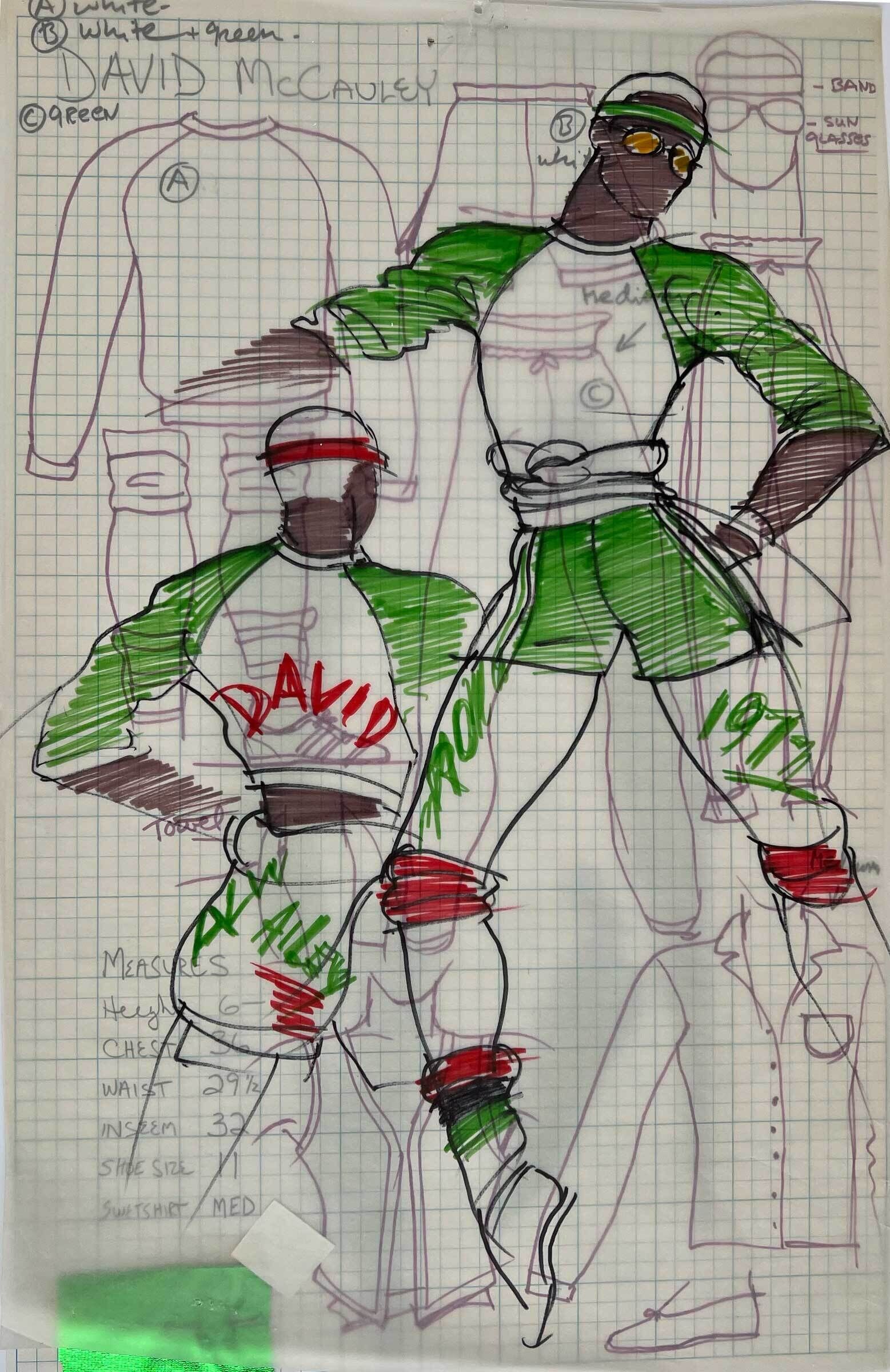 Sketch of two figures in green and white athletic outfits with red and black accents. Includes measurements and notes on graph paper.