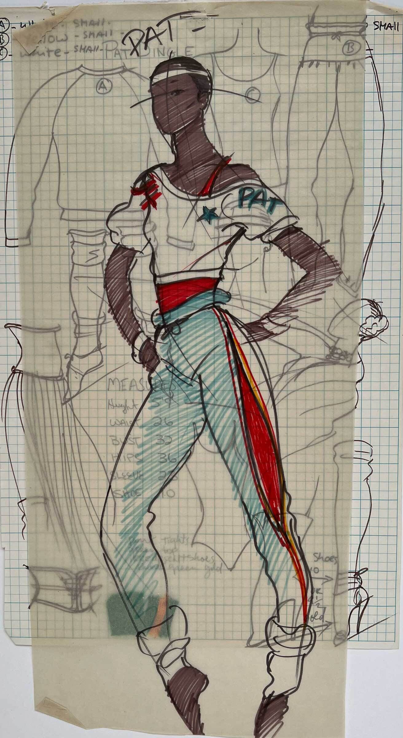 Fashion sketch of a person in a white top with red and blue accents, blue pants with red and yellow stripes, and a red sash. Background includes additional sketches.