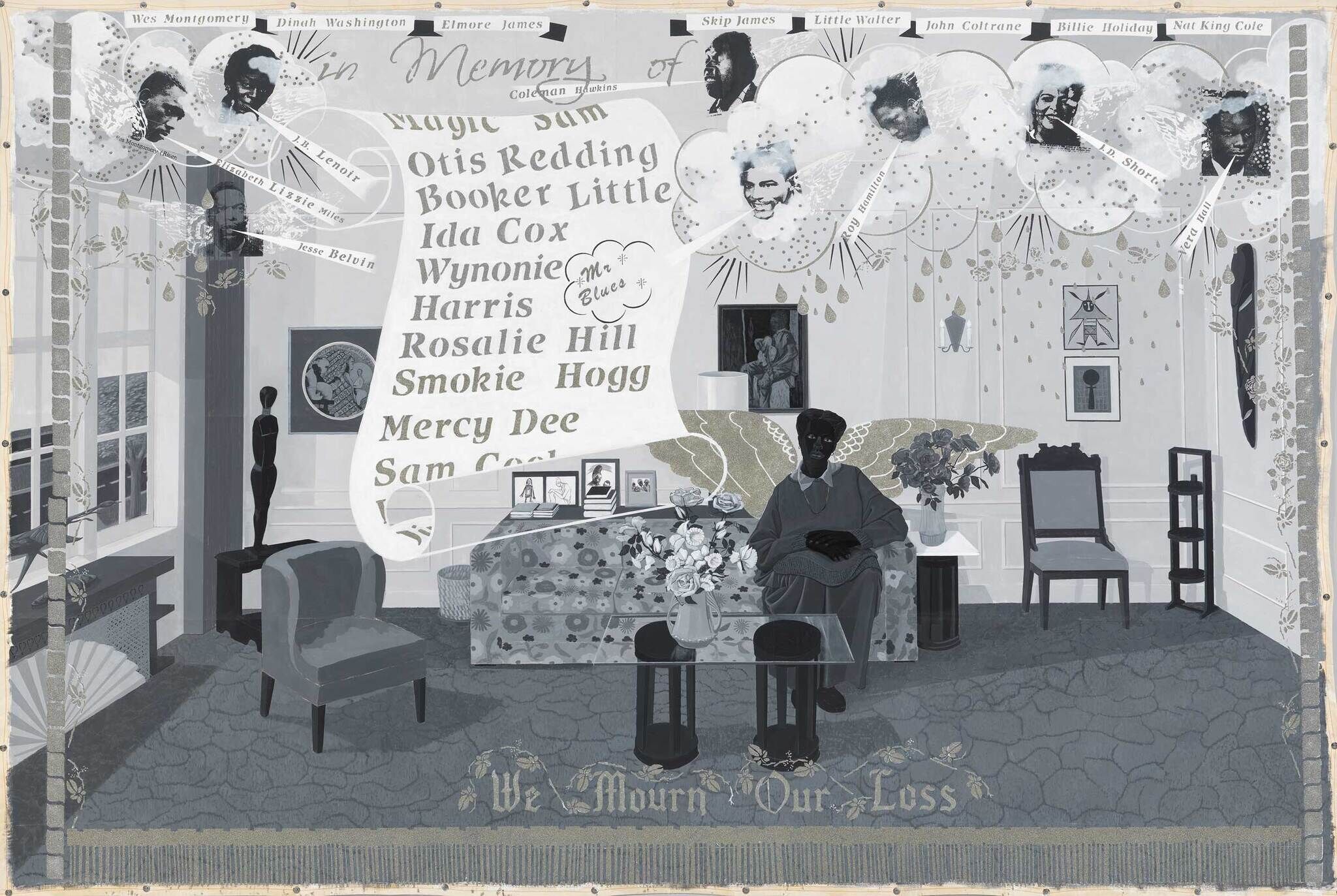 A grayscale room with a seated figure, flowers, and framed photos. Names of musicians and "We Mourn Our Loss" are displayed.