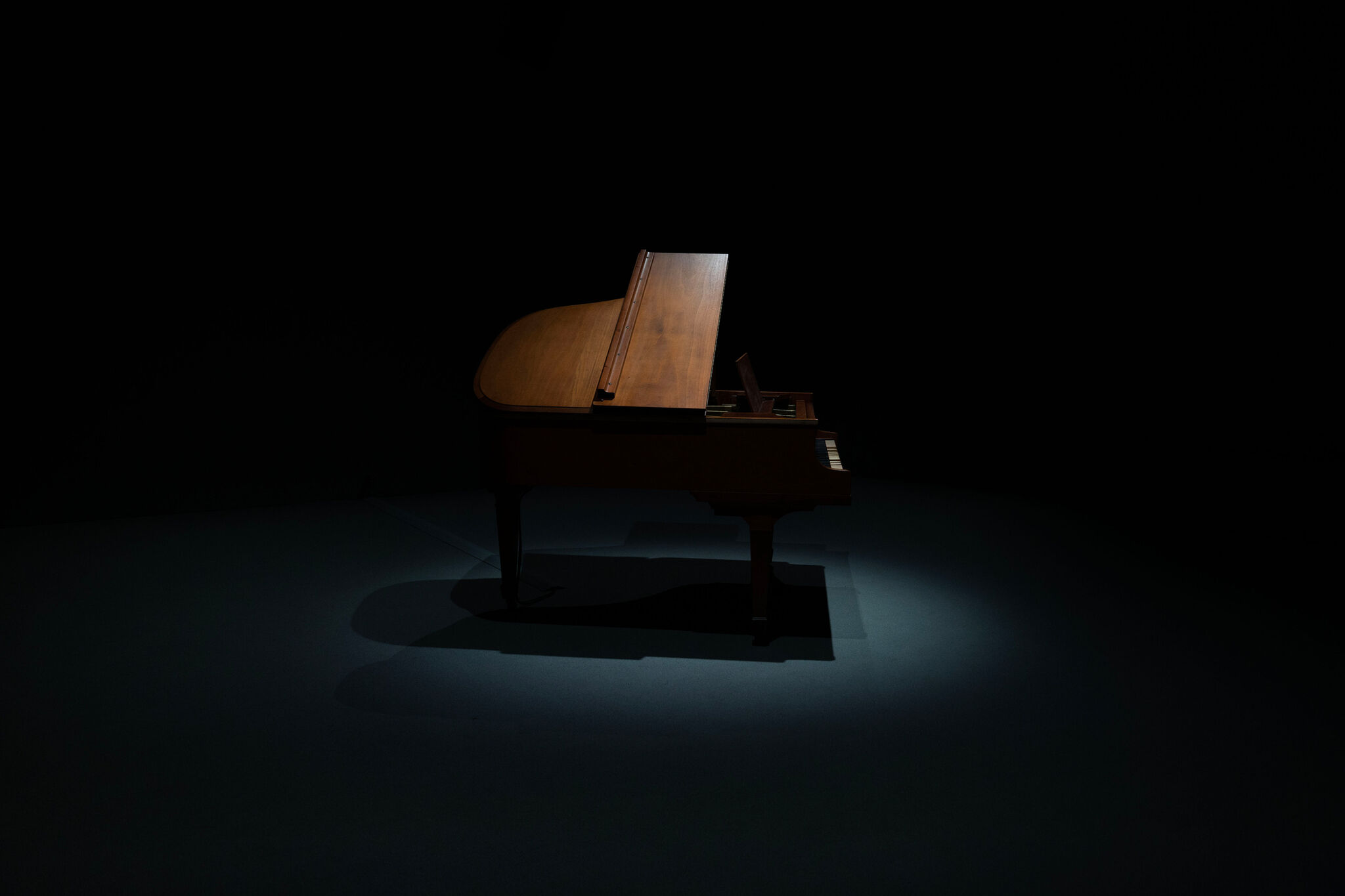 A grand piano illuminated by a spotlight in a dark room, casting a shadow on the floor.