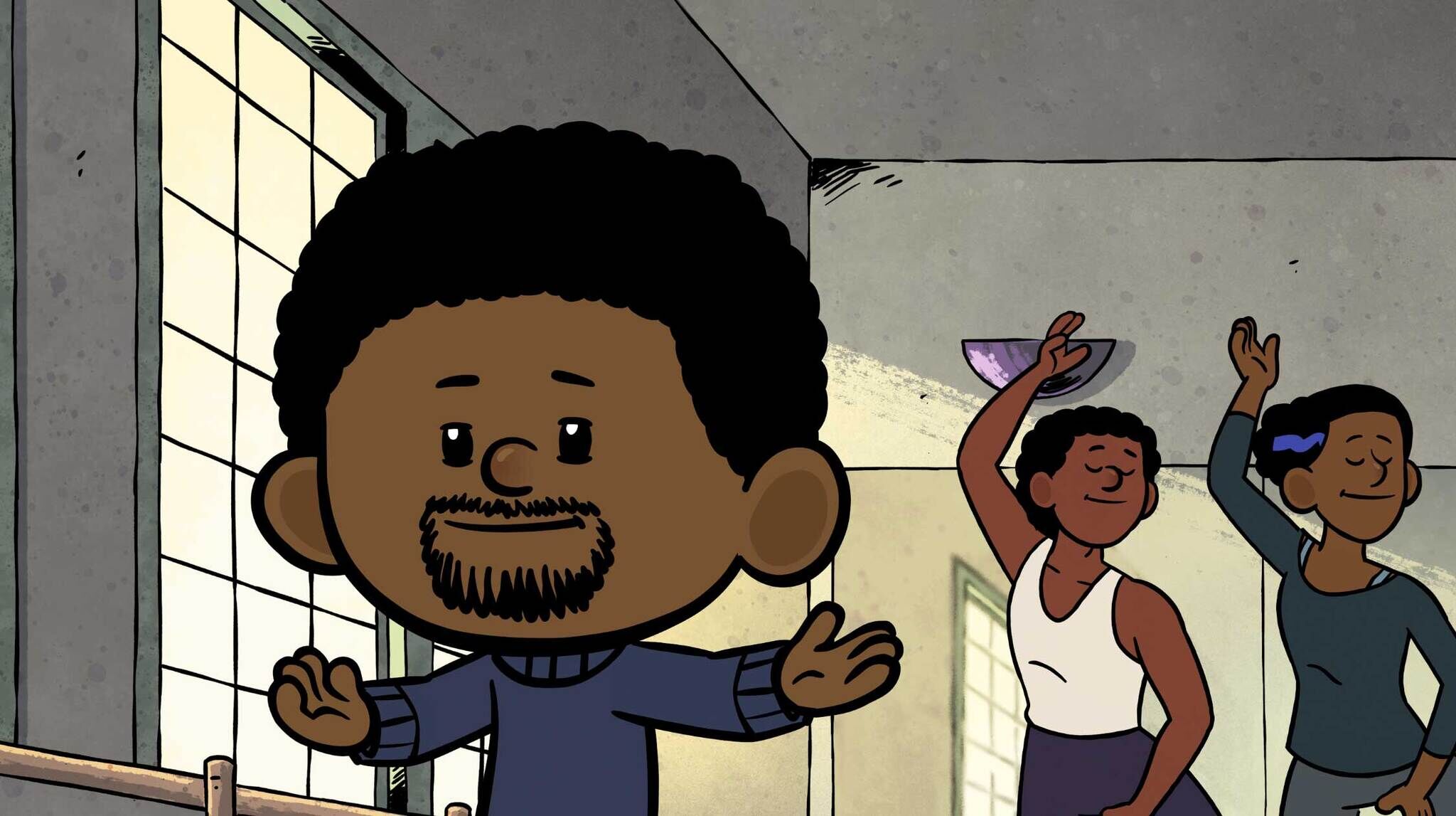 A still from the Xavier Riddle and the Secret Museum episode featuring a young animated depiction of Alvin Ailey in the foreground. He smiles and gestures with open hands, while two dancers perform behind him, raising their arms gracefully. The setting is a dance studio with large windows.