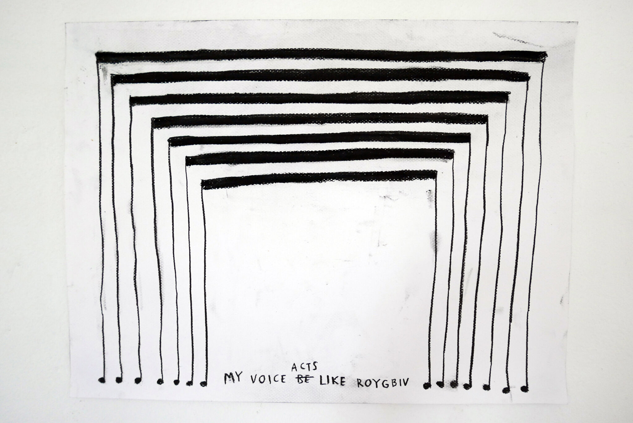 The image consists of a series of bold, black, parallel lines arranged in an arch-like or tunnel-like formation. The lines are evenly spaced and extend from the top of the image, growing smaller as they move inward toward the center. At the bottom center of the image, there is a short line of handwritten text that reads, "ACTS MY VOICE BE LIKE ROYGBIV." with BE being crossed and ACTS being placed above it.
