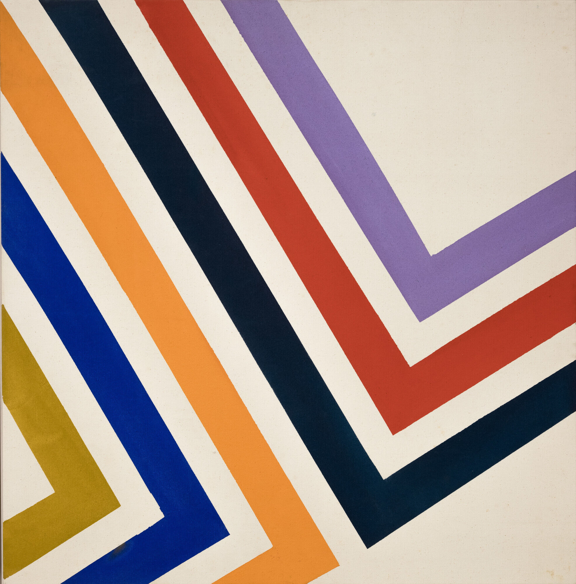 An abstract painting comprised of diagonal stripes with crisp edges and sharp right angles. The vibrant stripes—ranging in color from royal blue, red, ocre, green, navy to lilac—are set against a creamy white background. The stripes converge in the bottom right corner, creating a dynamic pattern of intersecting lines.