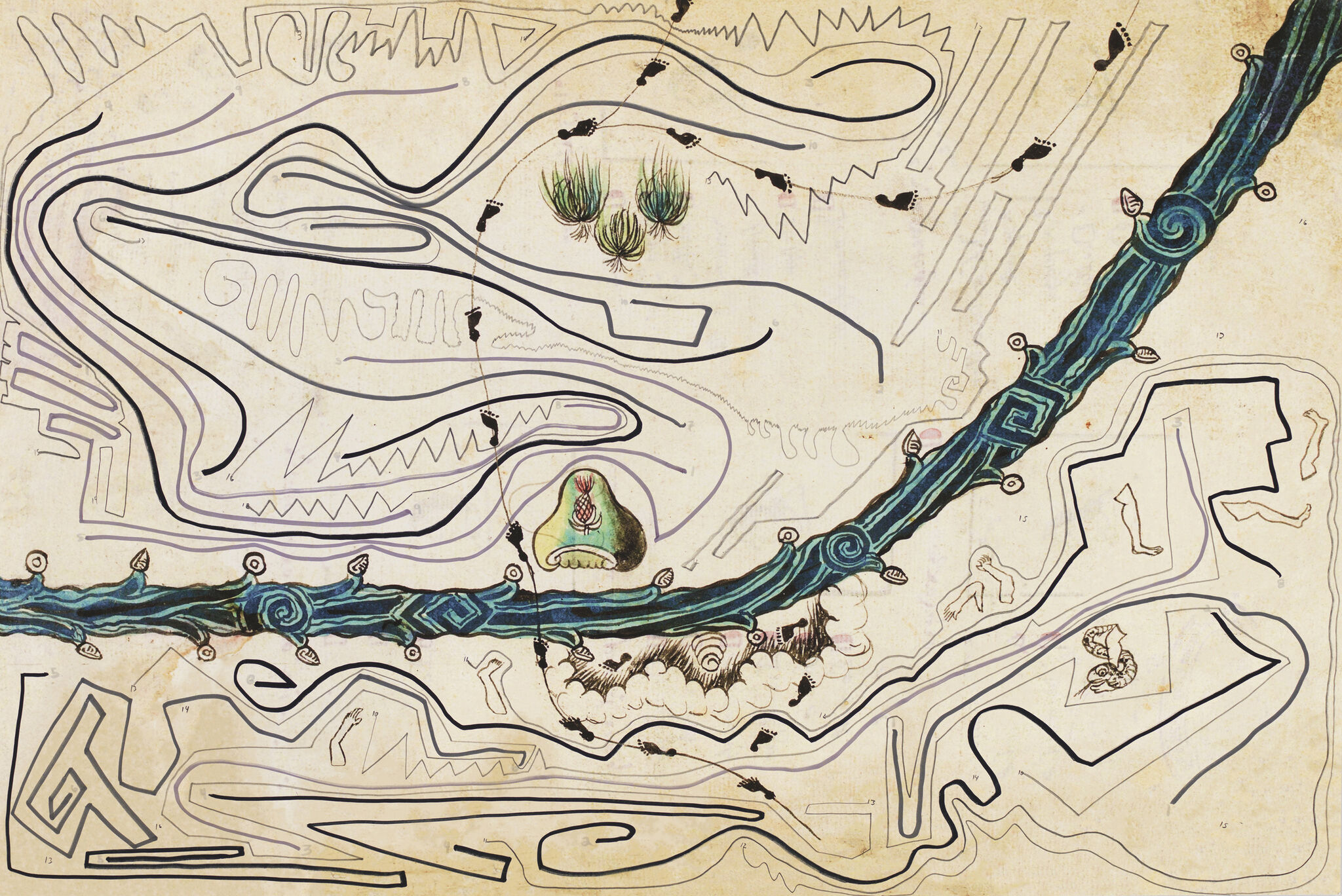 Abstract map with swirling lines, a blue river, and a green hill with a red symbol. Black footprints and plant illustrations are visible.