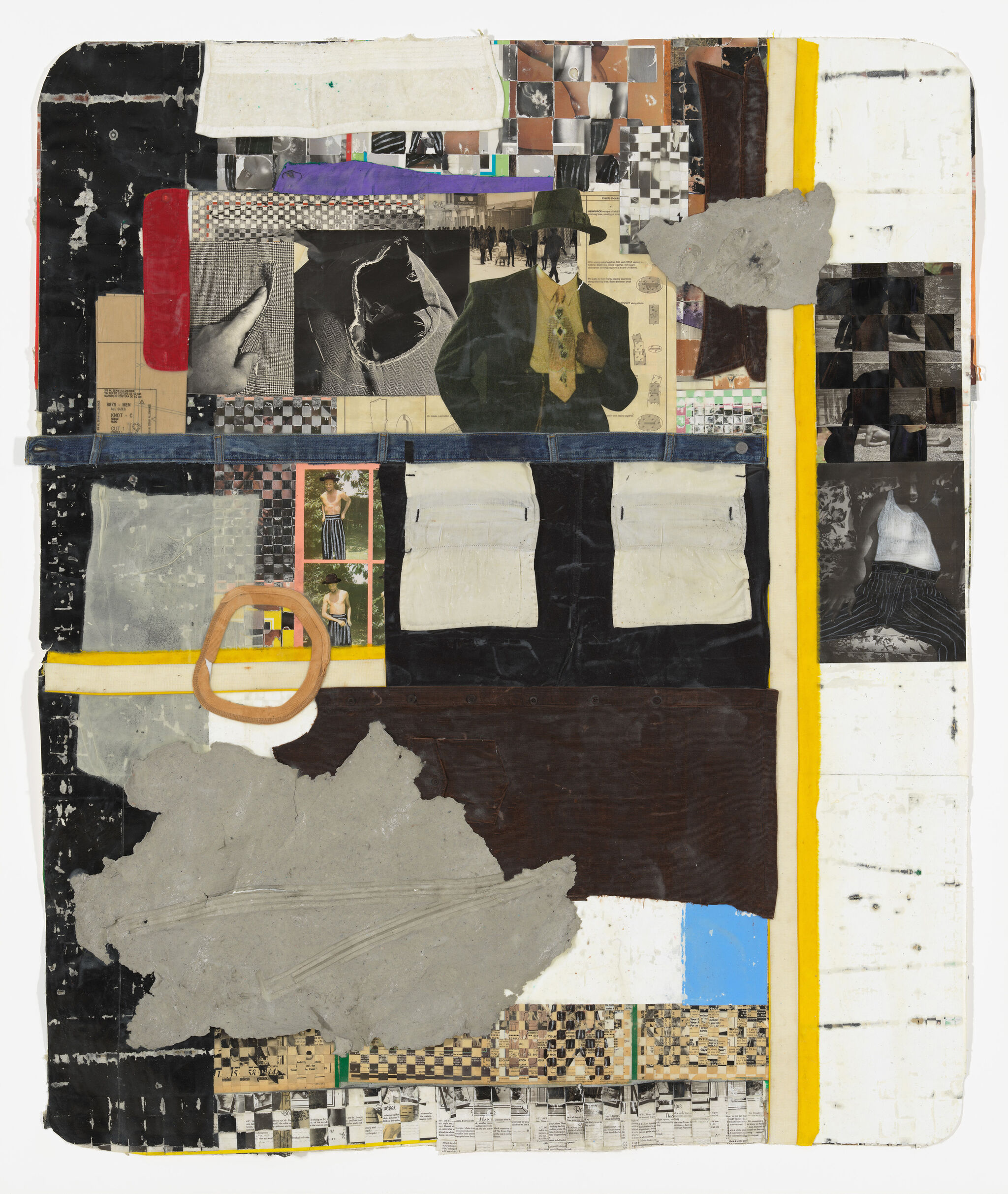 Abstract collage with mixed media, featuring photos, fabric, and textured paper. Dominant colors include black, white, yellow, and gray.