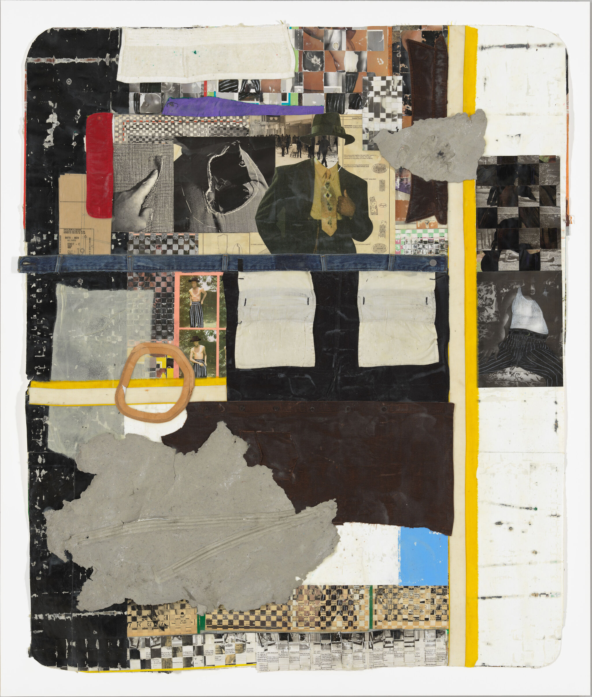 A mixed-media collage featuring abstract shapes, photographs, and textures in a grid-like arrangement with dominant black, white, and yellow tones.