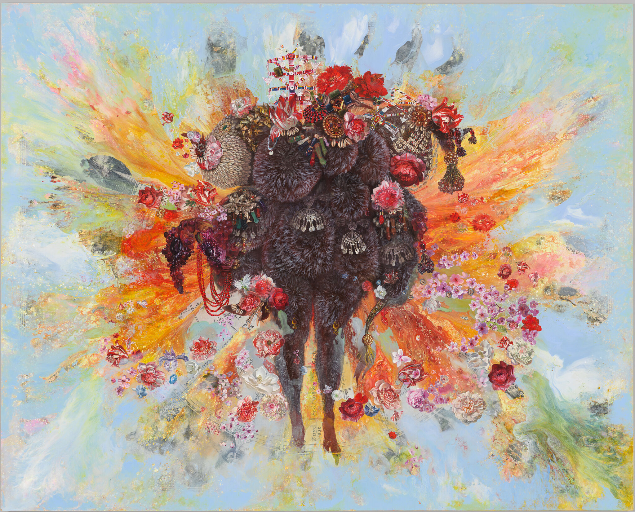 A vibrant, abstract explosion of colors and textures with flowers, feathers, and intricate patterns against a soft blue background.