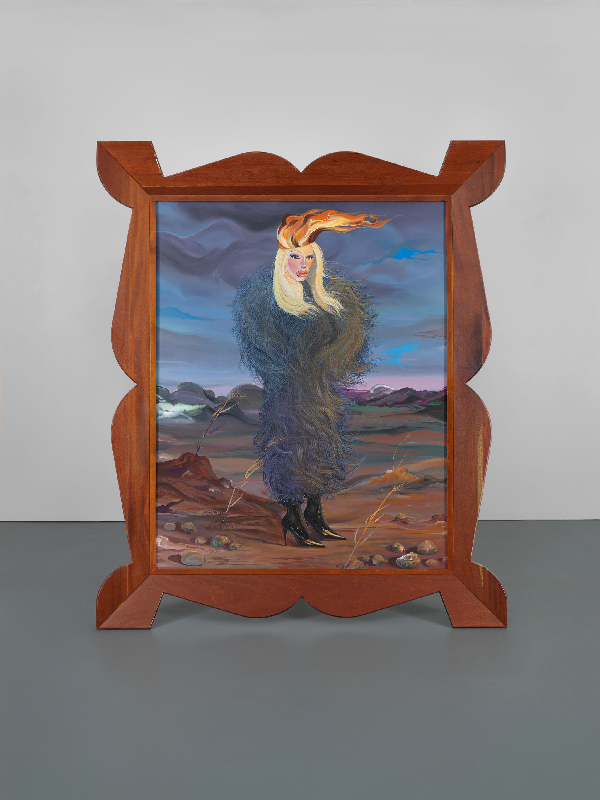 A surreal painting of a figure with flowing hair and a furry outfit, set against a stormy landscape, framed in ornate wood.