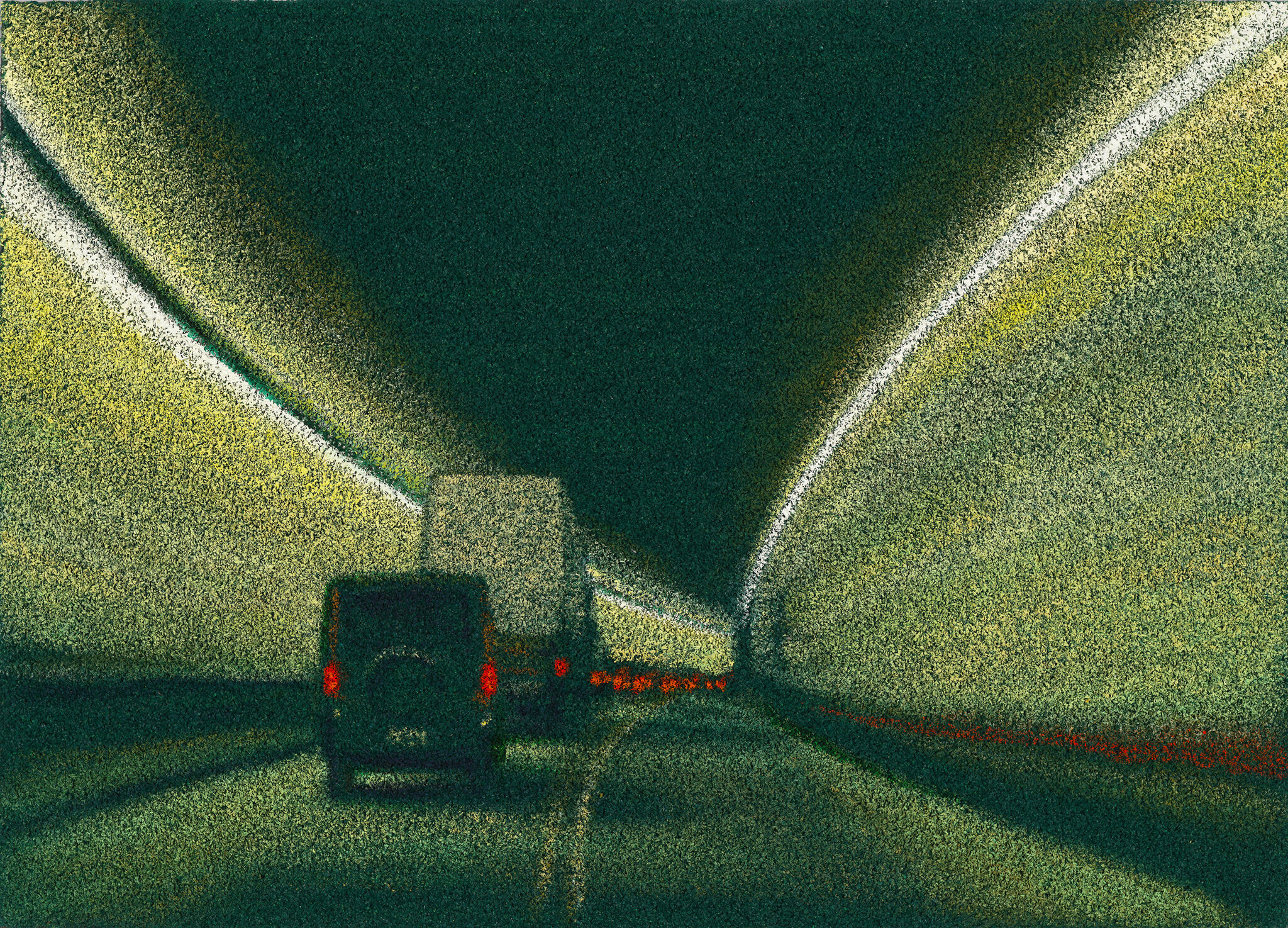 Vehicles drive through a dimly lit tunnel with glowing lights along the ceiling, creating a sense of motion and depth.