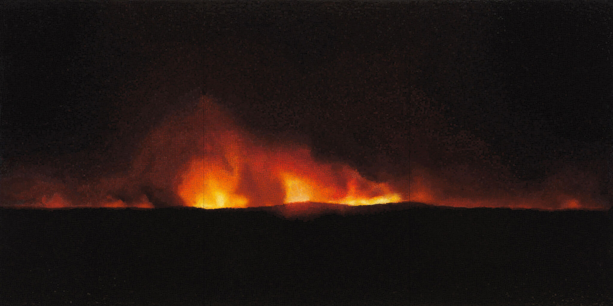 A dark landscape with a vivid orange and red glow, resembling a distant fire or sunset against a black sky.