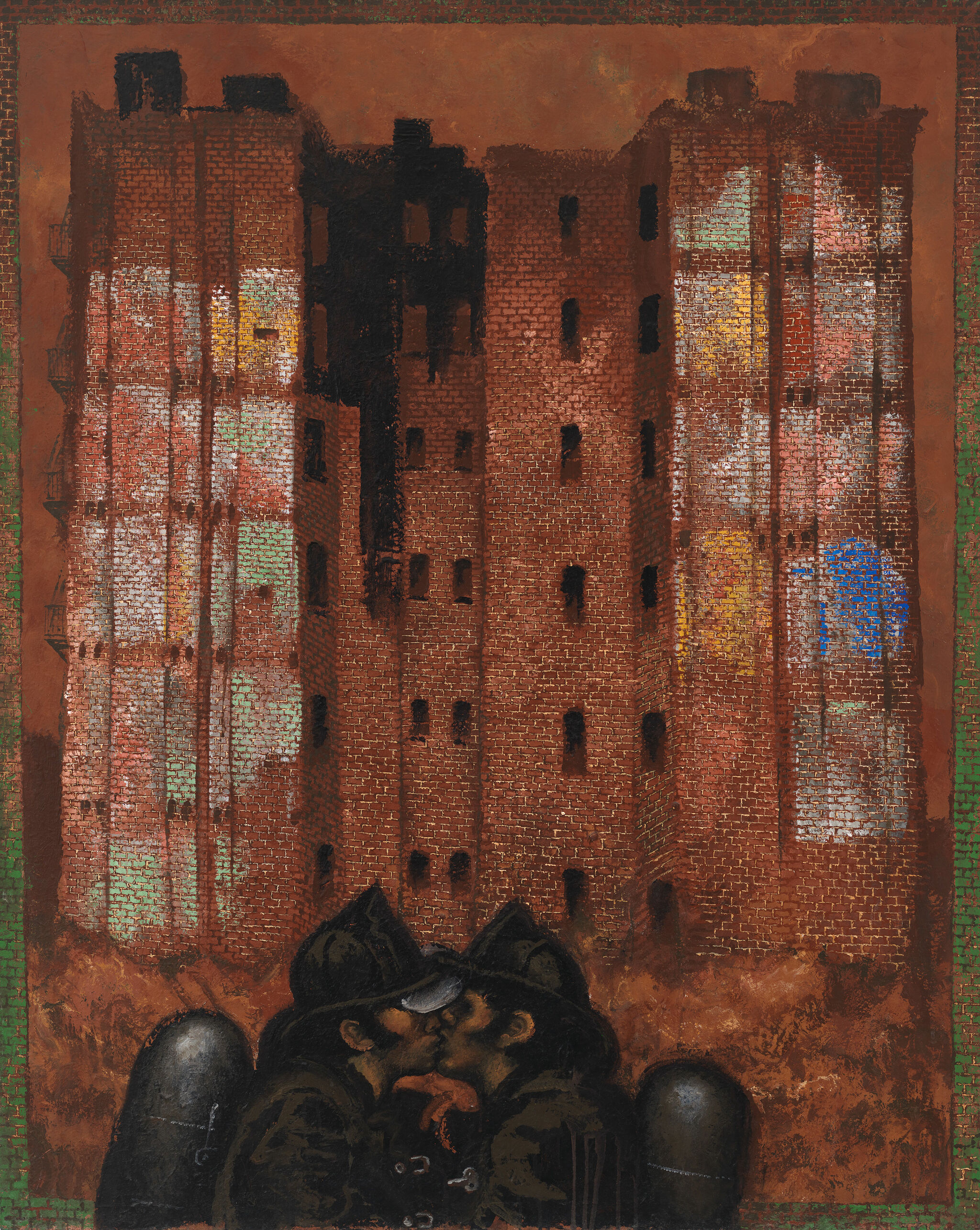 Two figures in helmets share a kiss in front of tall, textured brick buildings with colorful reflections.