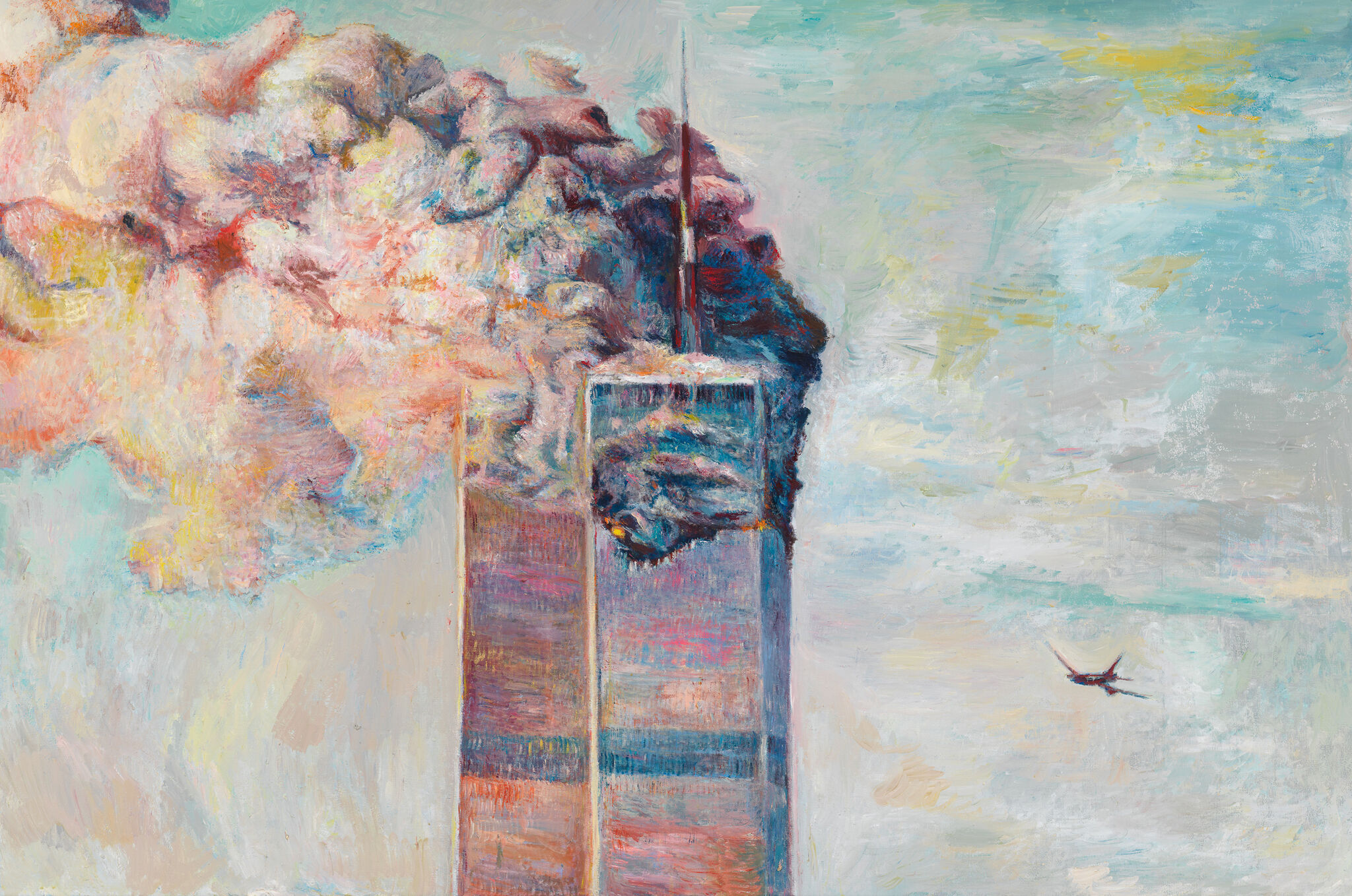 Painting of the Twin Towers with smoke billowing from one tower, and a plane approaching against a pastel sky.