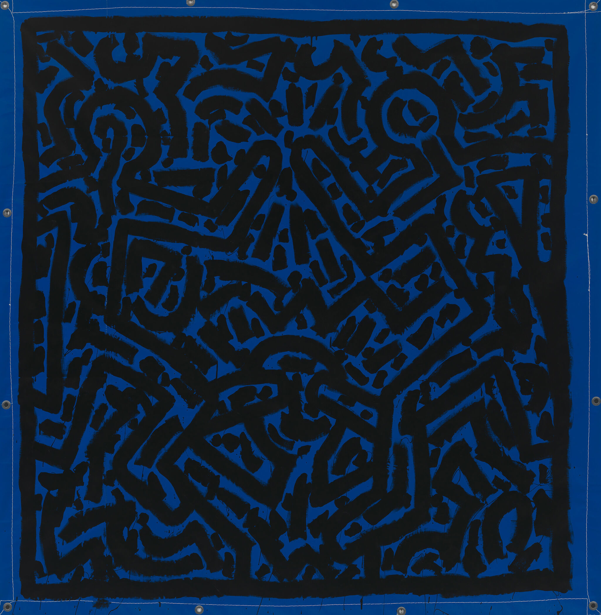 Abstract black patterns on a blue background, featuring interconnected lines and shapes creating a maze-like design.