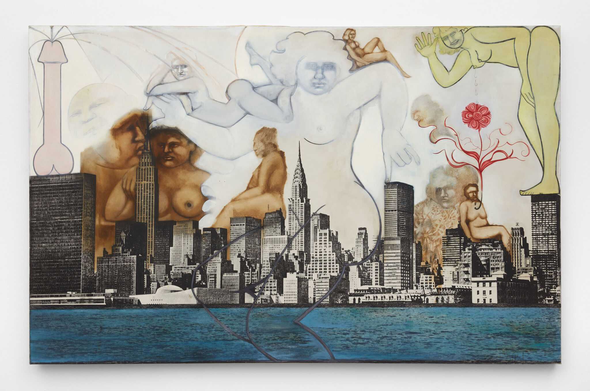 Surreal artwork featuring nude figures and abstract shapes over a cityscape, with a blue water foreground and a red flower motif.