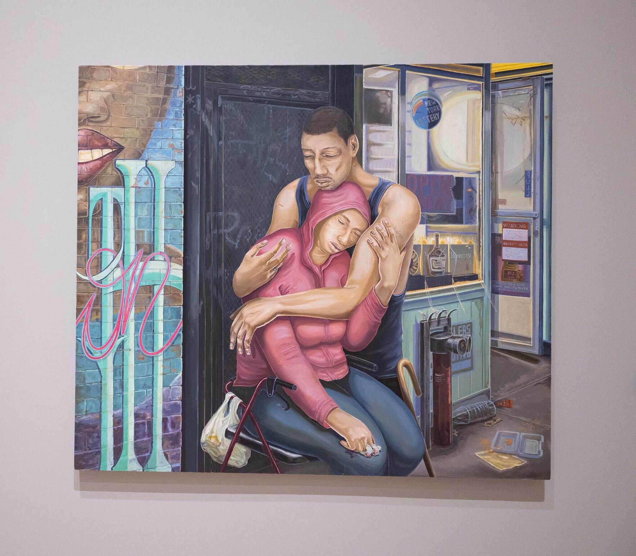 A painting of a man embracing a woman in a pink hoodie, set against an urban backdrop with graffiti and a storefront.