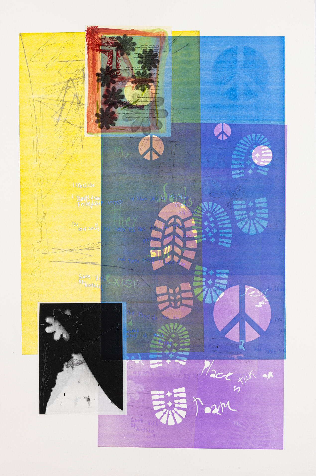 Colorful collage with overlapping peace signs, boot prints, flowers, and faint handwritten words on yellow, blue, and purple backgrounds.