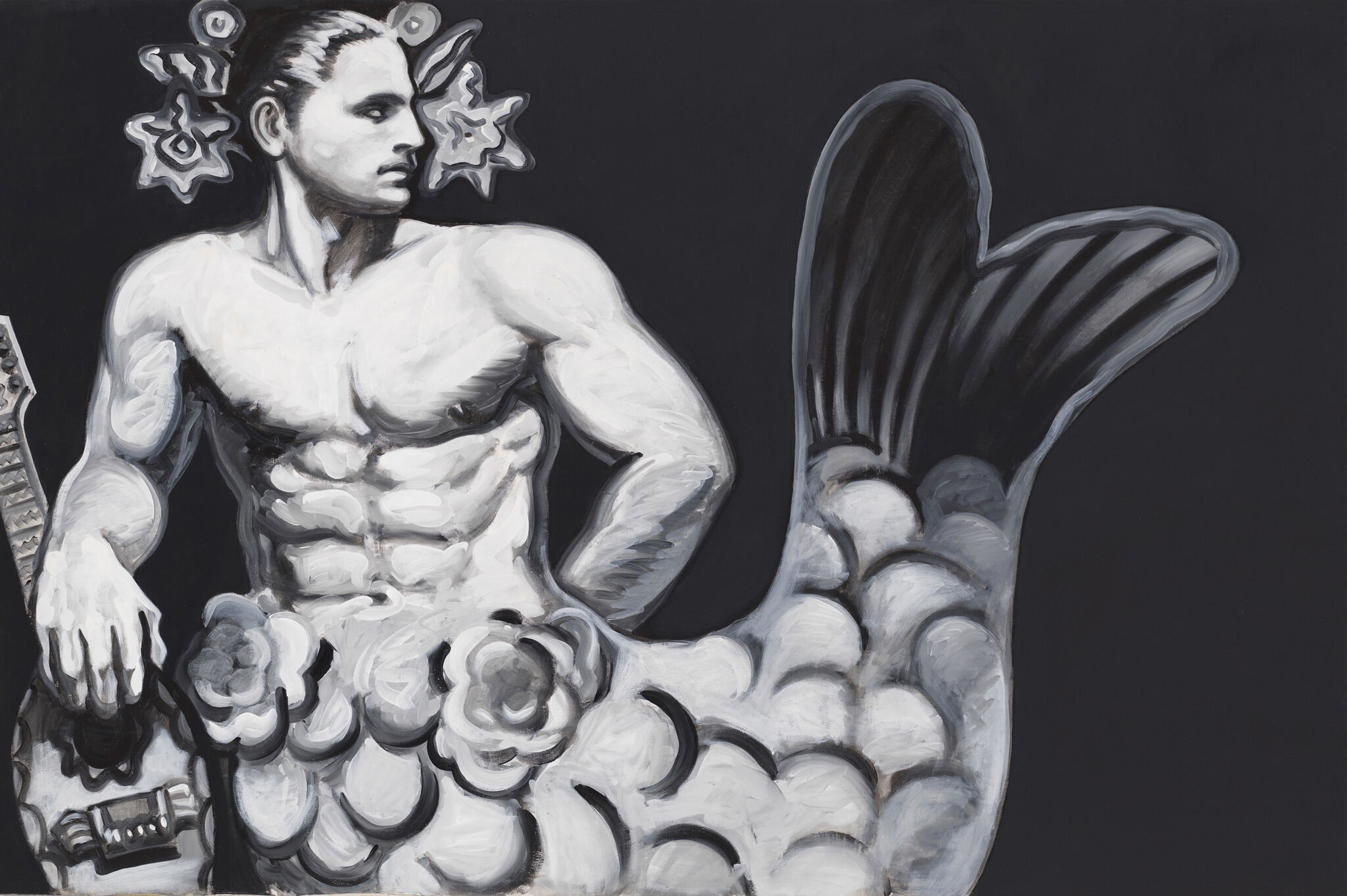 A grayscale painting of a muscular merman with a guitar, adorned with star-shaped decorations in his hair, set against a dark background.