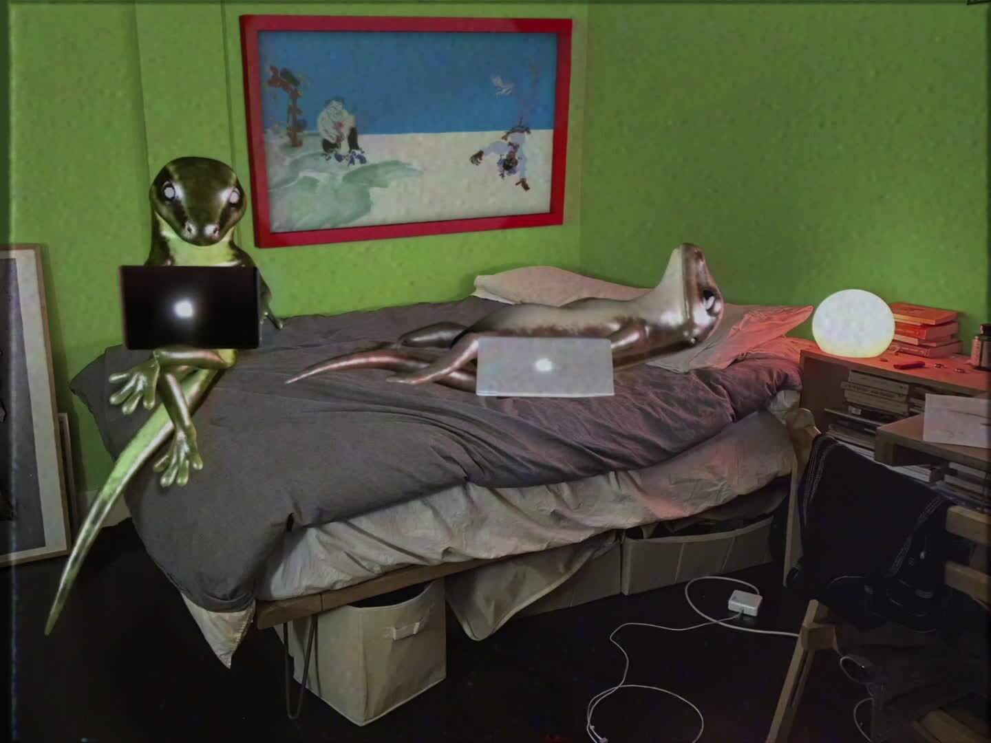 Two lizards with censored areas on a bed in a cluttered room with green walls, a framed picture, and a glowing lamp on a nightstand.