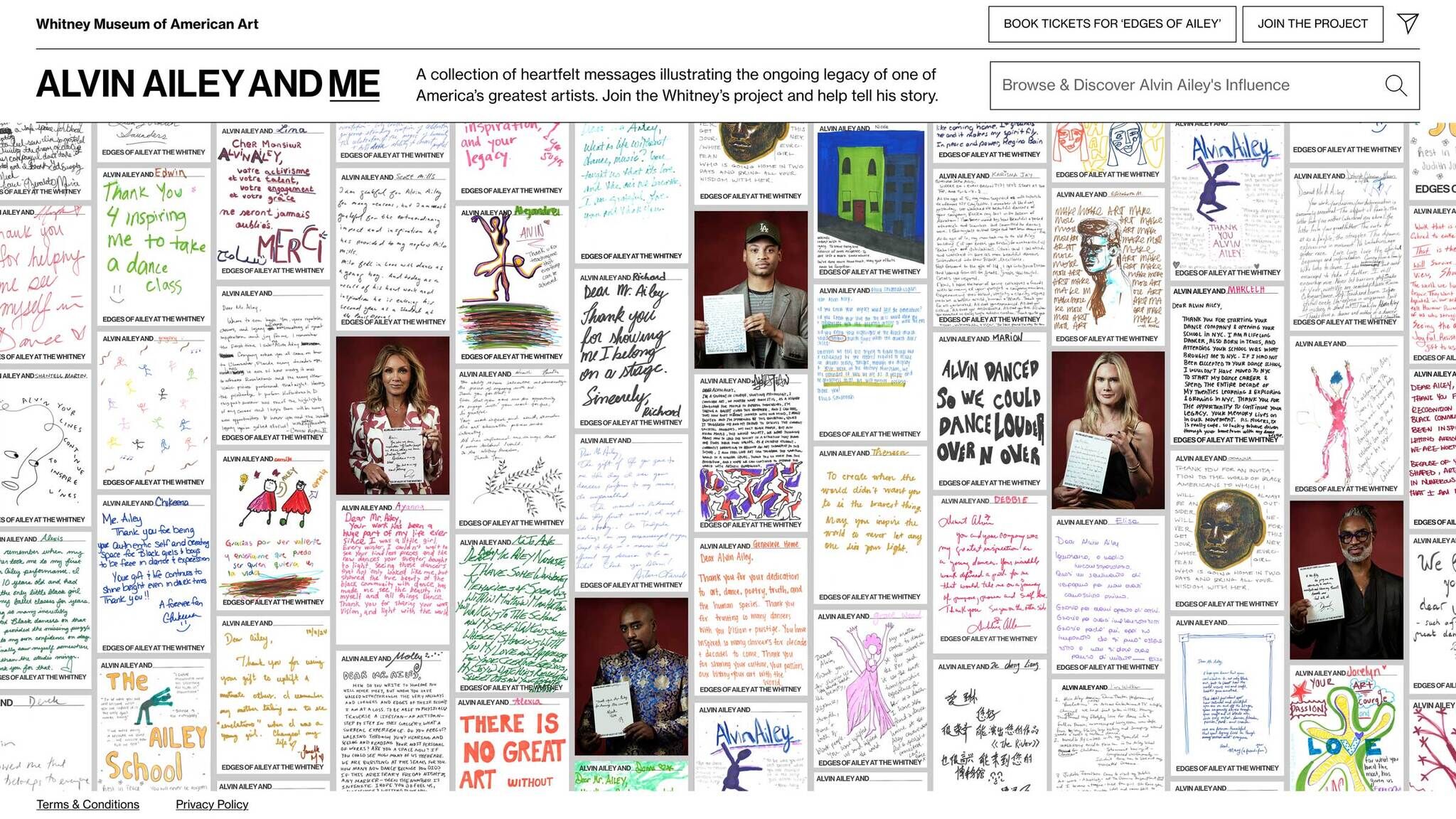 Collage of handwritten notes and drawings celebrating Alvin Ailey's legacy, featuring various messages and portraits of people holding letters.