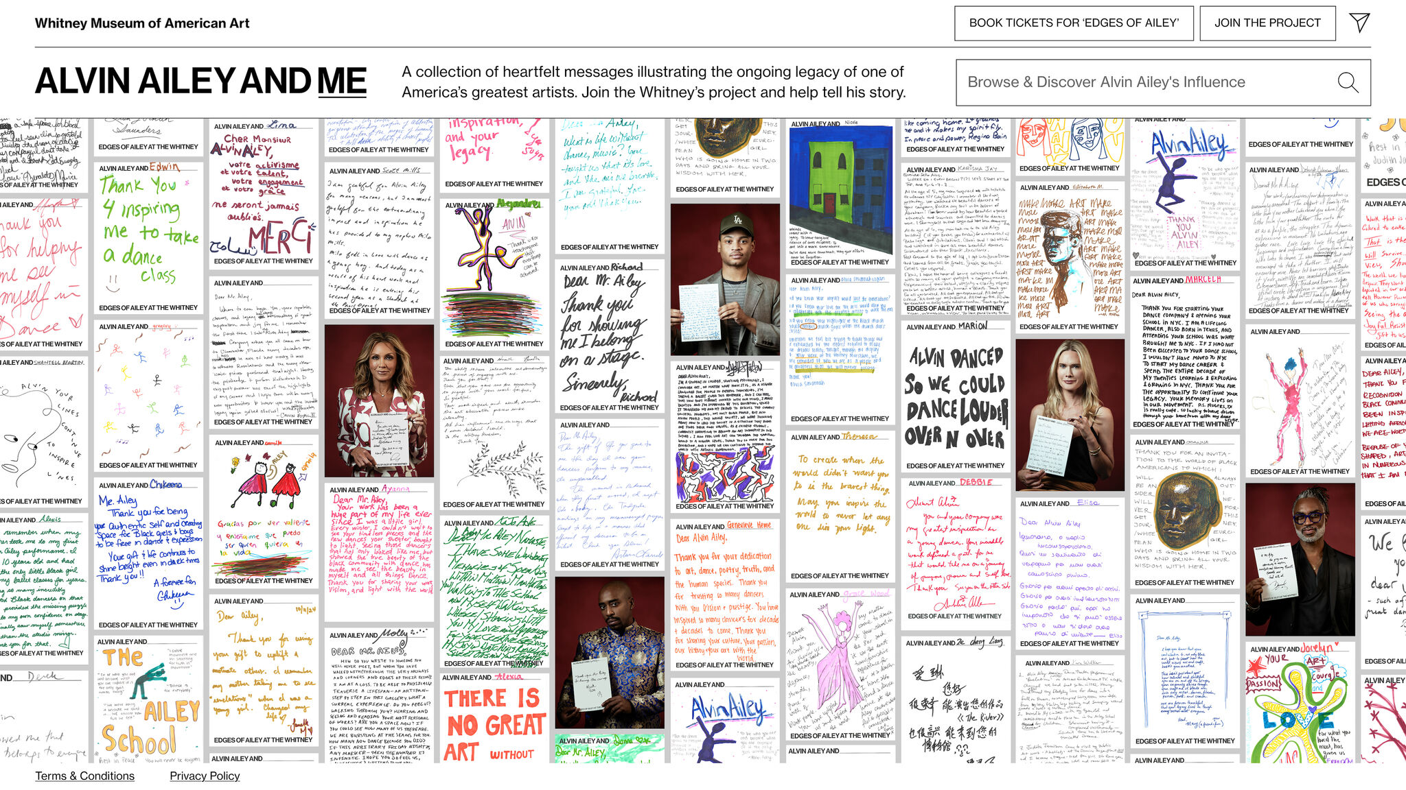 Collage of handwritten notes and drawings celebrating Alvin Ailey's legacy, featuring diverse messages and portraits of people holding letters.