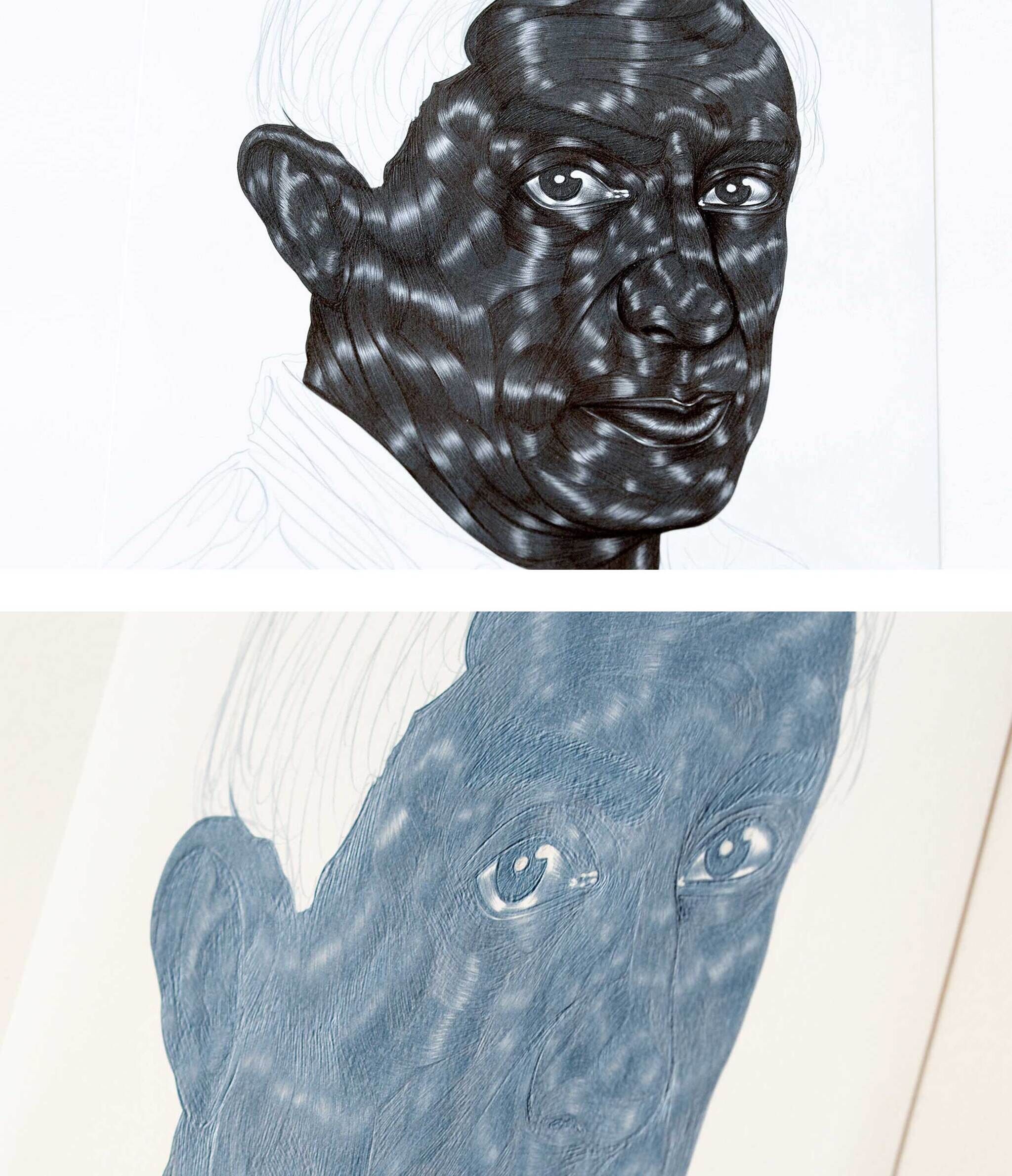 Two abstract portraits with textured, wavy patterns. The top image is dark with a focus on the face, while the bottom is lighter and more subtle.