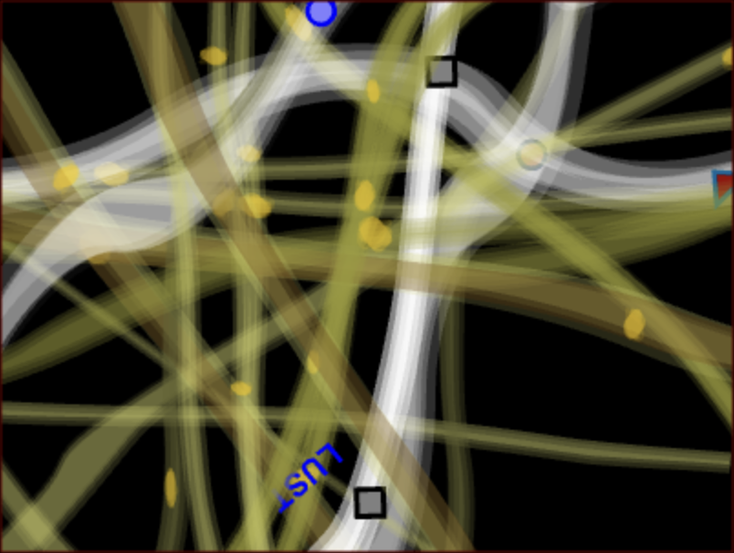 Yellowish green and white lines curl and intersect across the screenshot over a black background, with blue circles on top of some of the lines, and the word "Lust" in blue upside down towards the bottom.