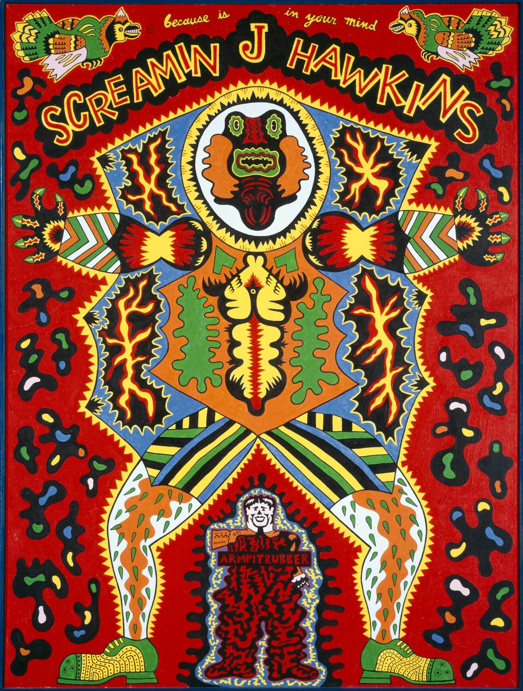 Bright red poster with green, black, and orange shapes evoking a dragon-like human figure with 'Screamin J Hawkins' written above.