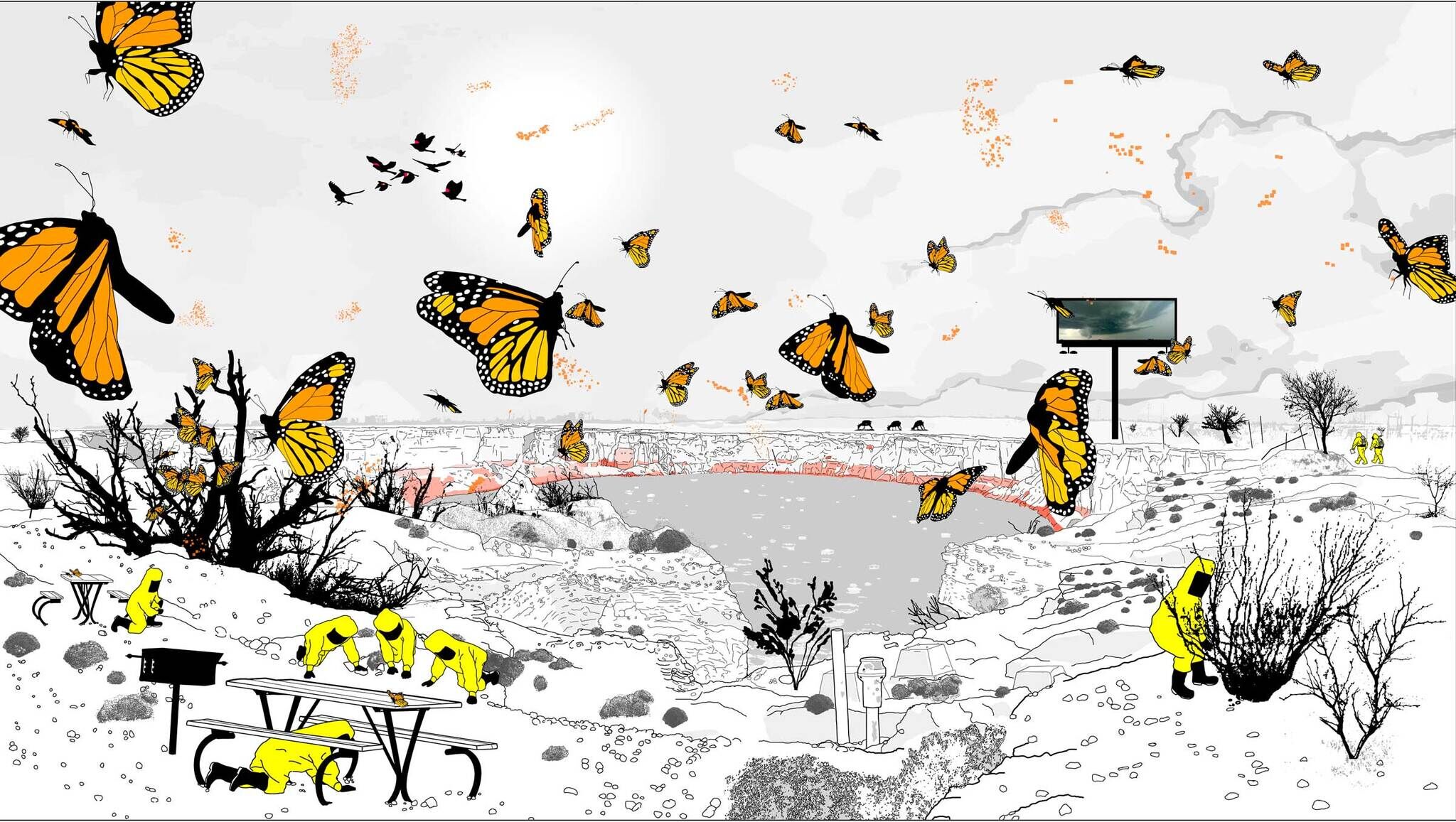 Monarch butterflies flutter over a barren landscape. People in yellow hazmat suits examine the ground and picnic tables.