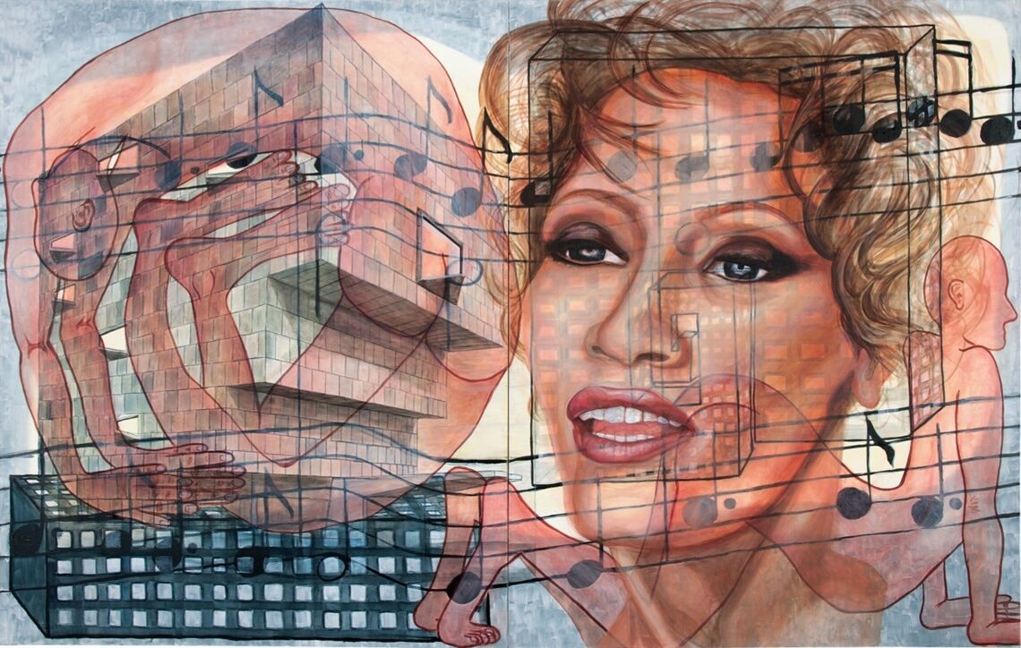 Artwork featuring a woman's face, musical notes, and abstract human figures intertwined with geometric shapes and buildings.