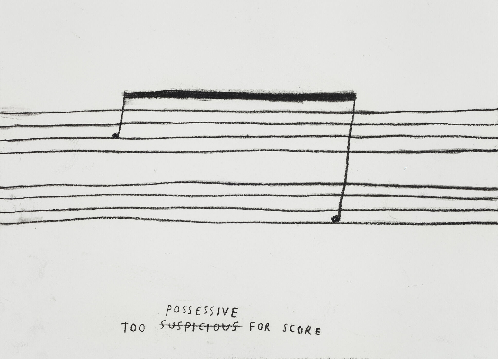 Musical staff with notes and text below: "Possessive, too suspicious for score," with "suspicious" crossed out.