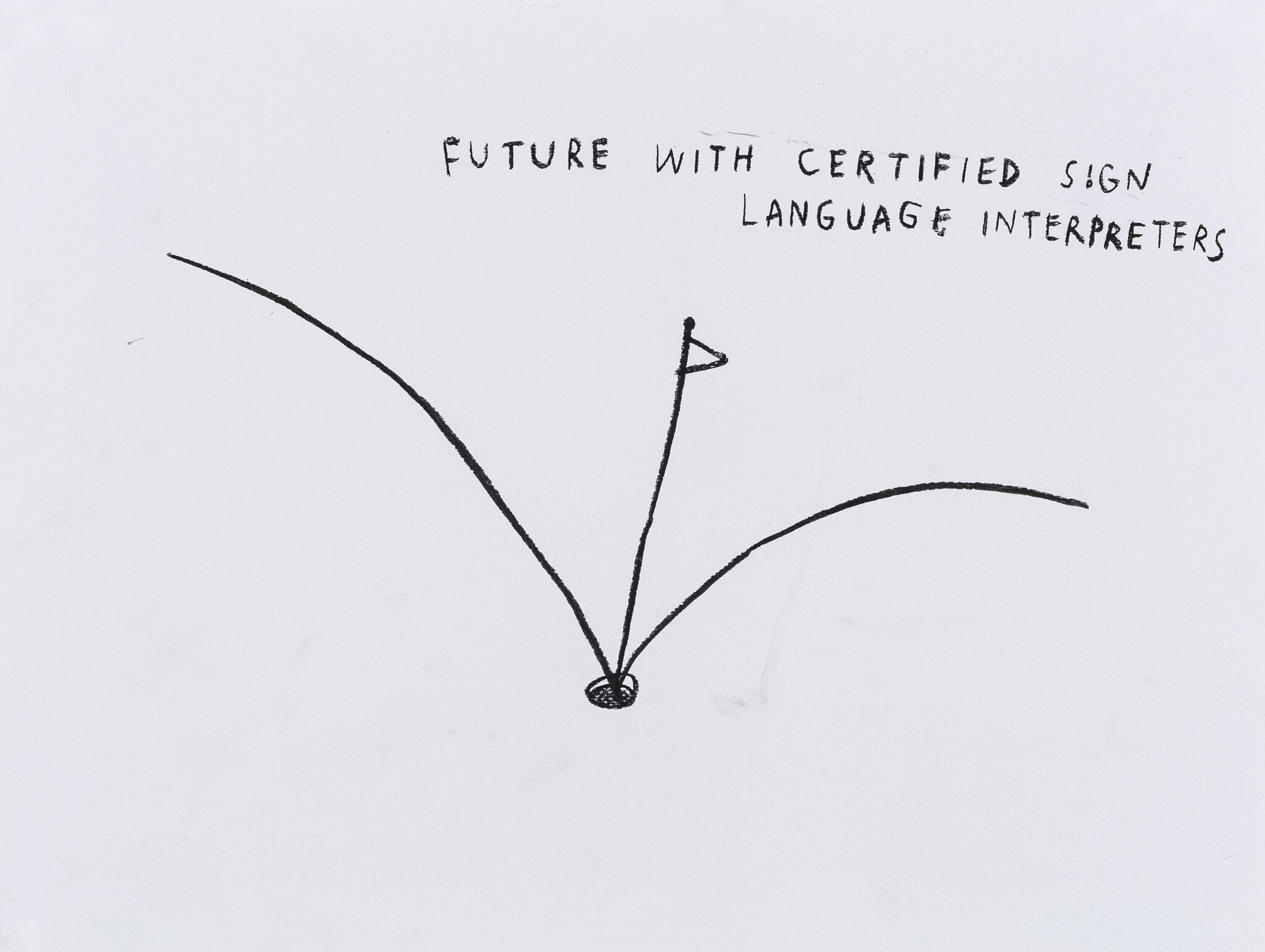 A simple drawing of a golf hole with a flag, labeled "Future with certified sign language interpreters."