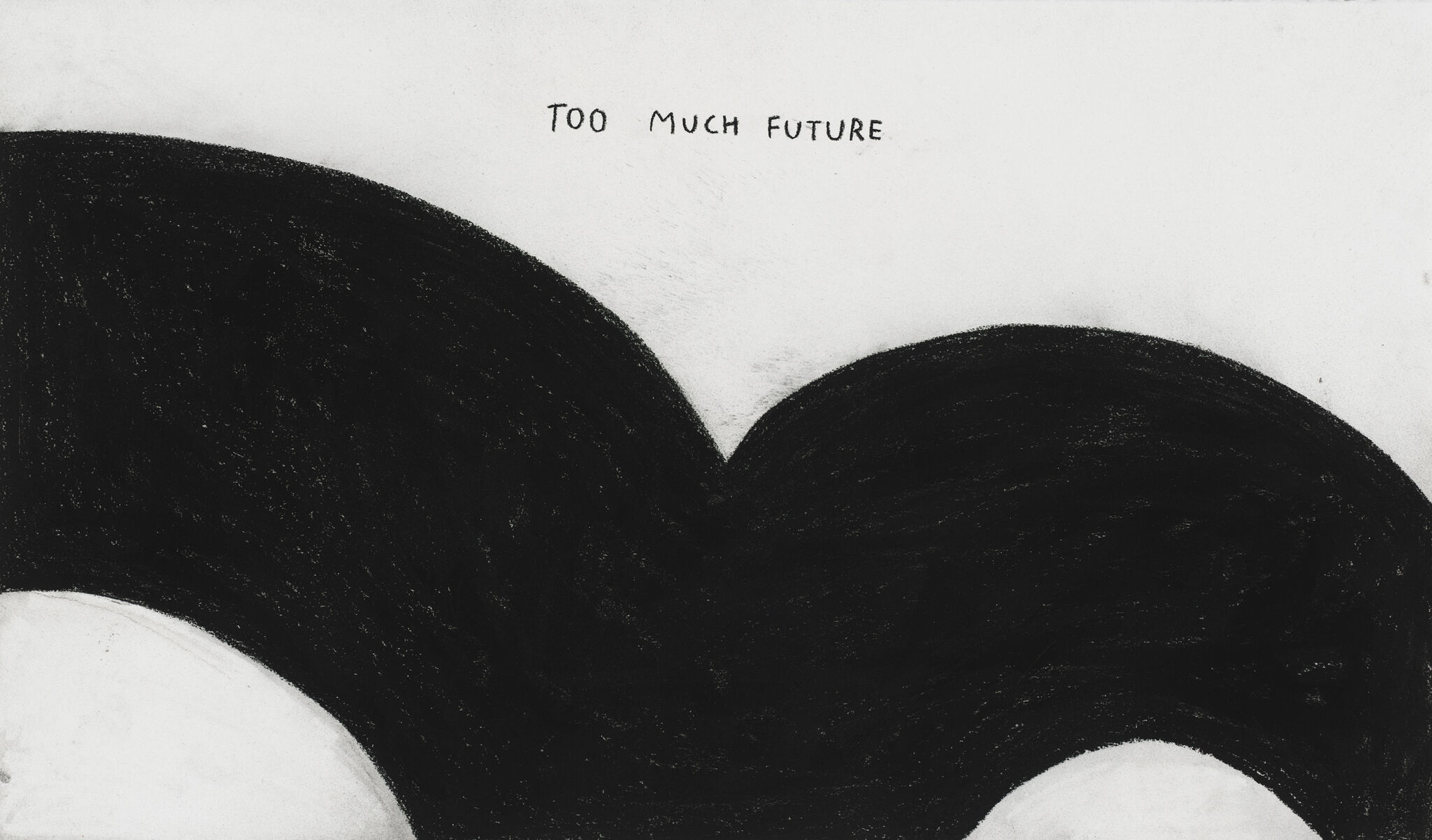 Black abstract shape on white background with the words "Too Much Future" written above.