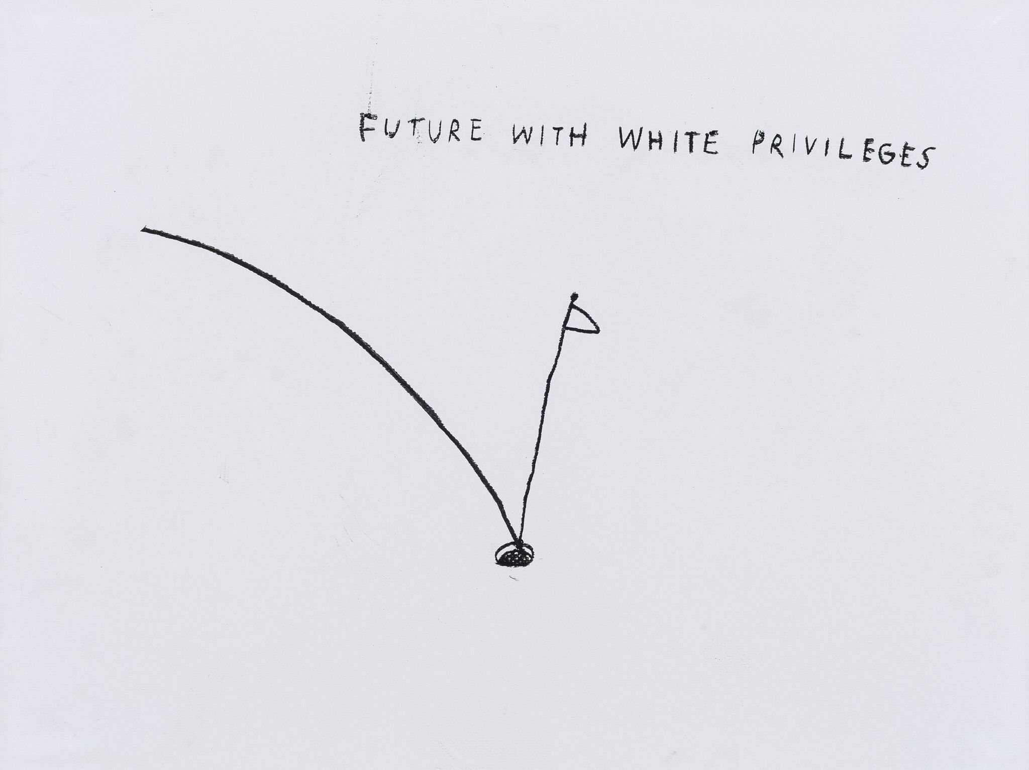 A simple drawing shows a golf ball's trajectory into a hole with a flag, labeled "Future with White Privileges."