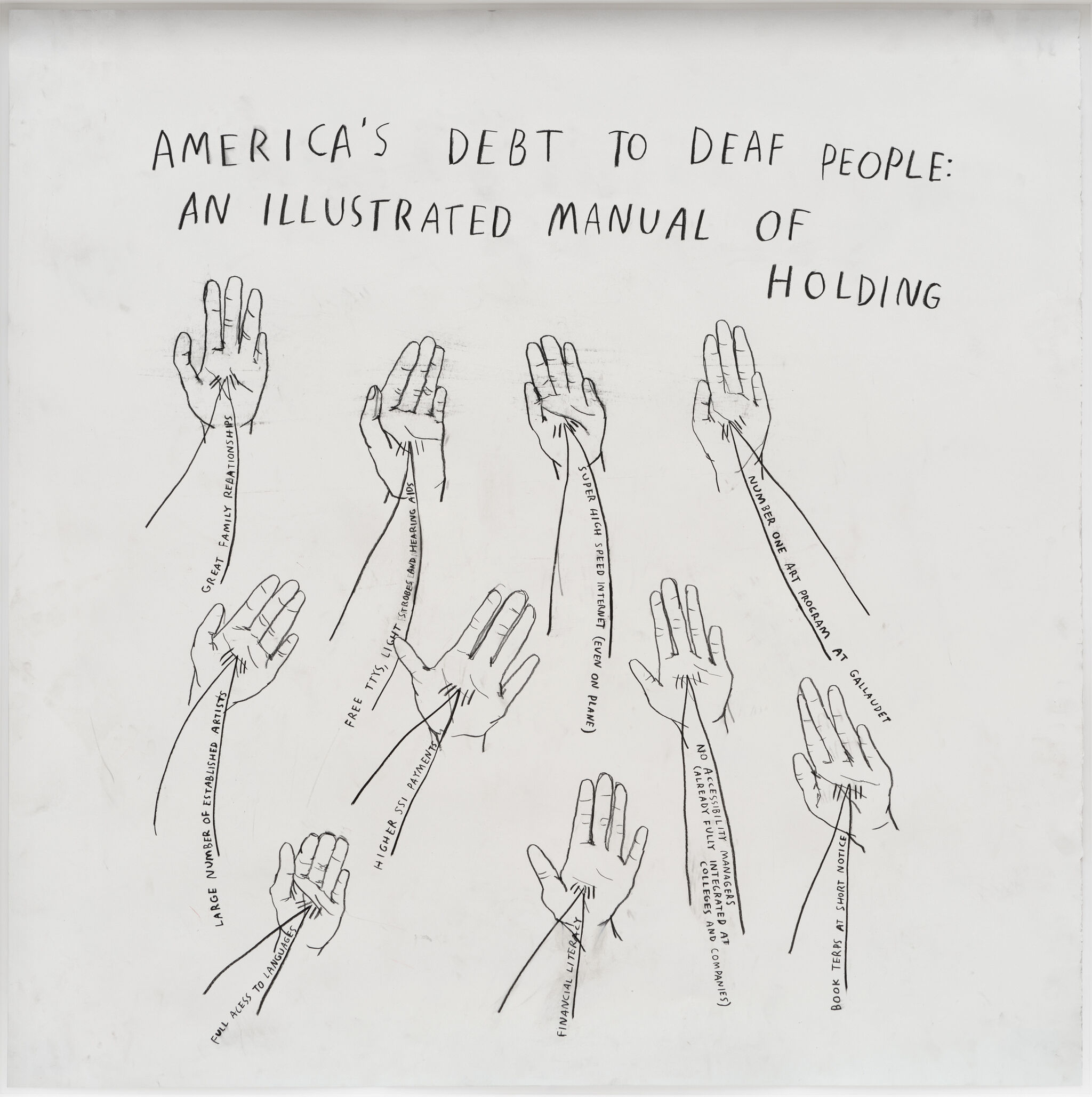 Illustration titled "America's Debt to Deaf People" shows nine hands with text on the arms, listing contributions and achievements.