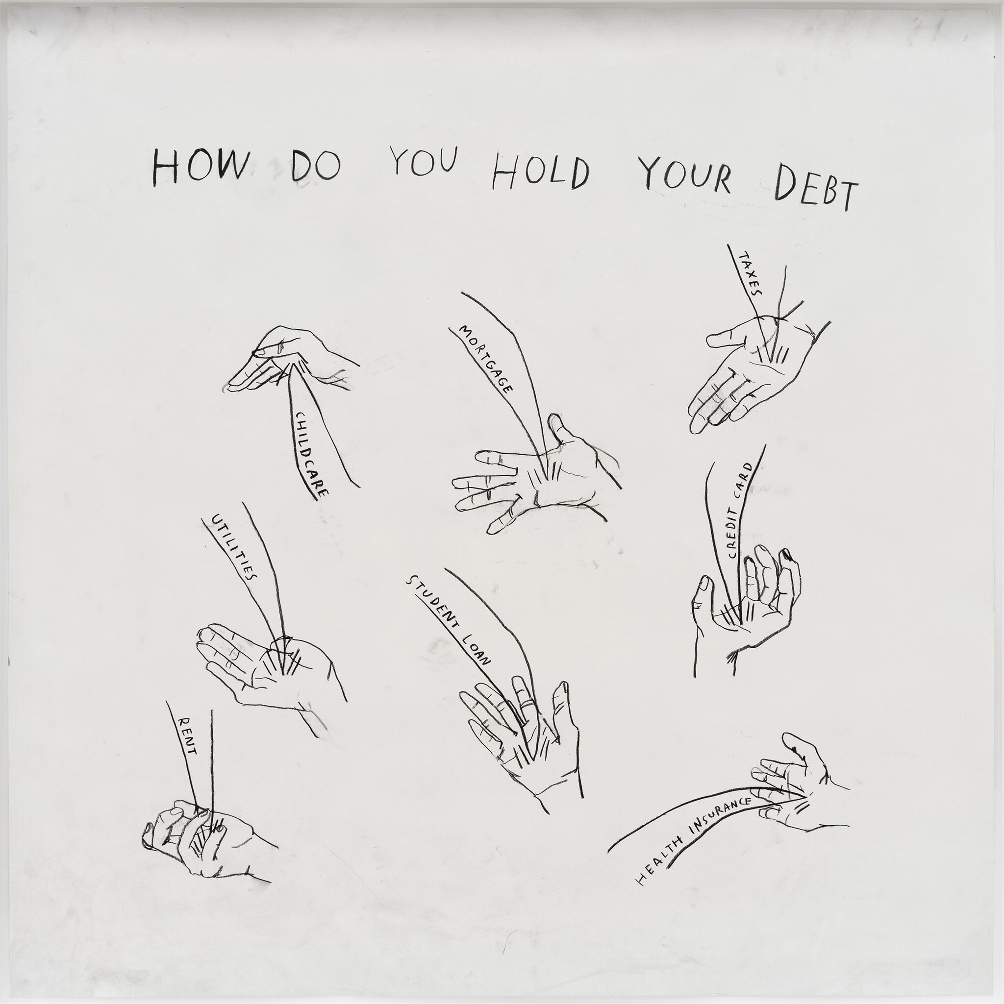 Illustration of hands with different types of debt written coming out of them: childcare, mortgage, taxes, credit card, utilities, student loan, rent, health insurance.