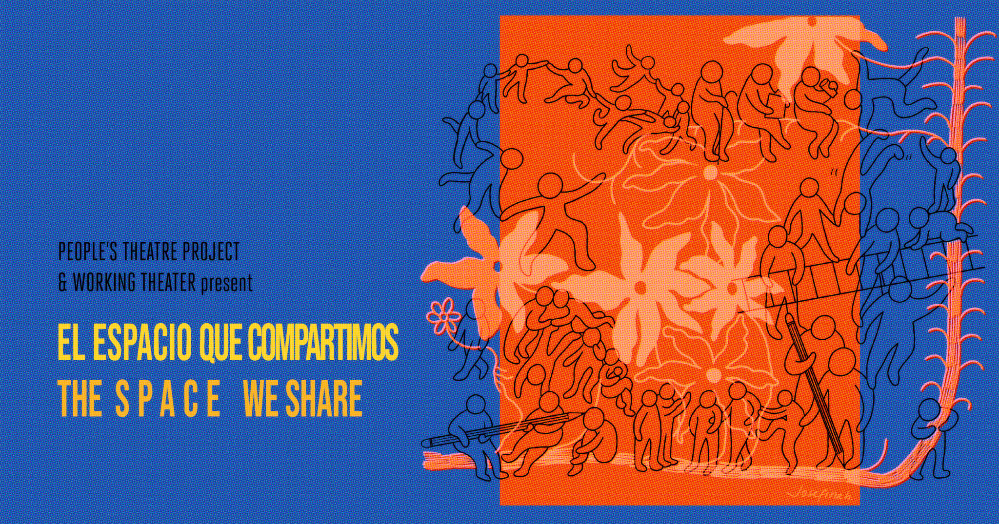 Orange and Blue graphic illustration of figures being creative collectively