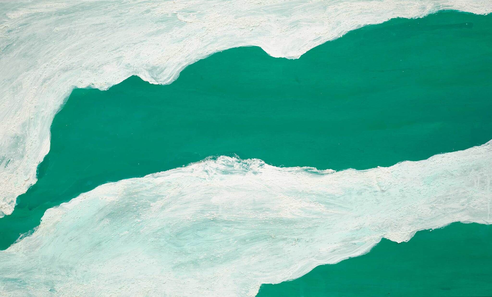 Abstract painting with bold green and white brushstrokes, creating a dynamic, flowing pattern across the canvas.