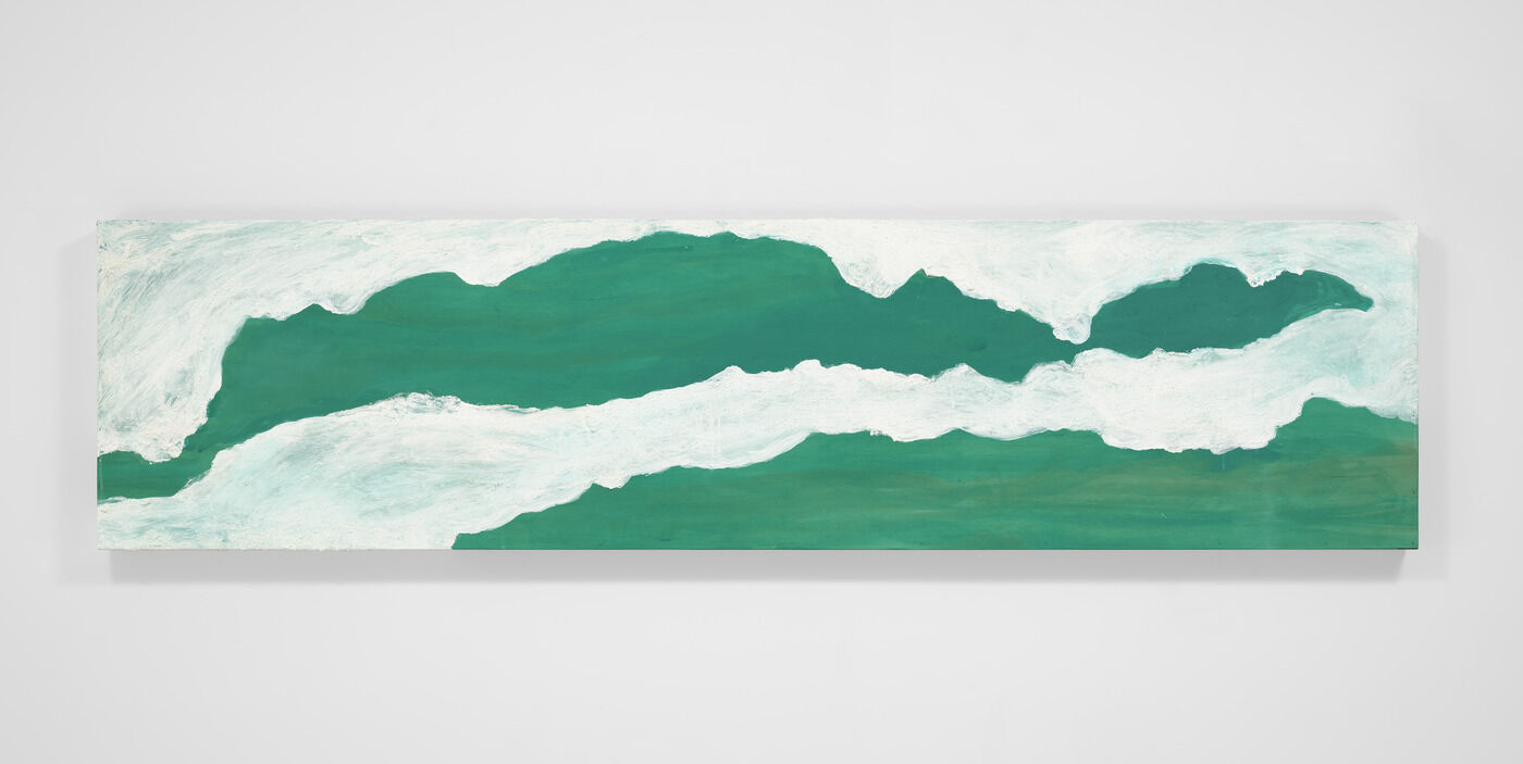 Abstract painting with green and white wavy patterns on a rectangular canvas, resembling ocean waves or clouds.