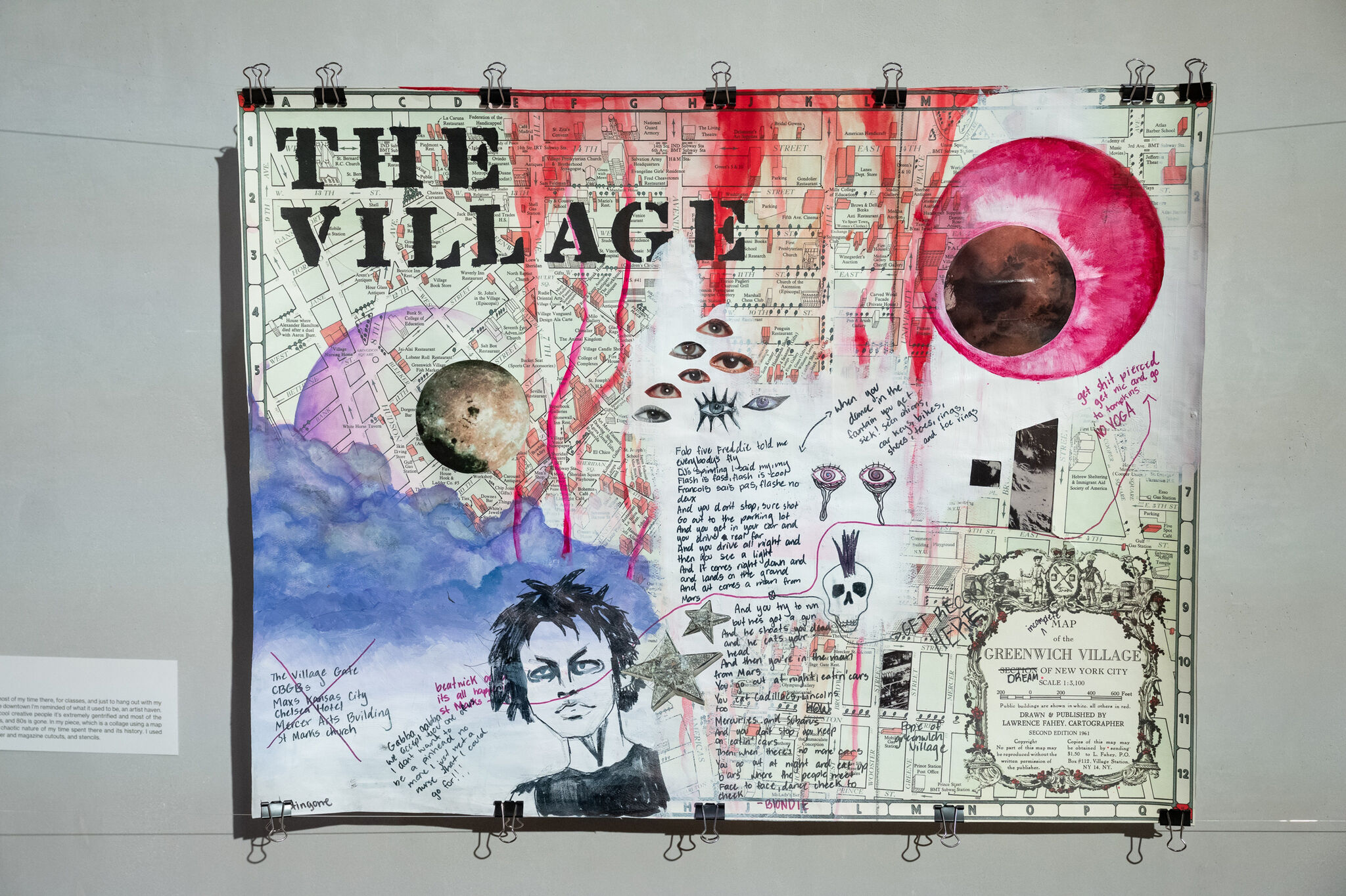 Collage on a Greenwich Village map with drawings, text, eyes, a skull, and a portrait. Red and blue paint accents.