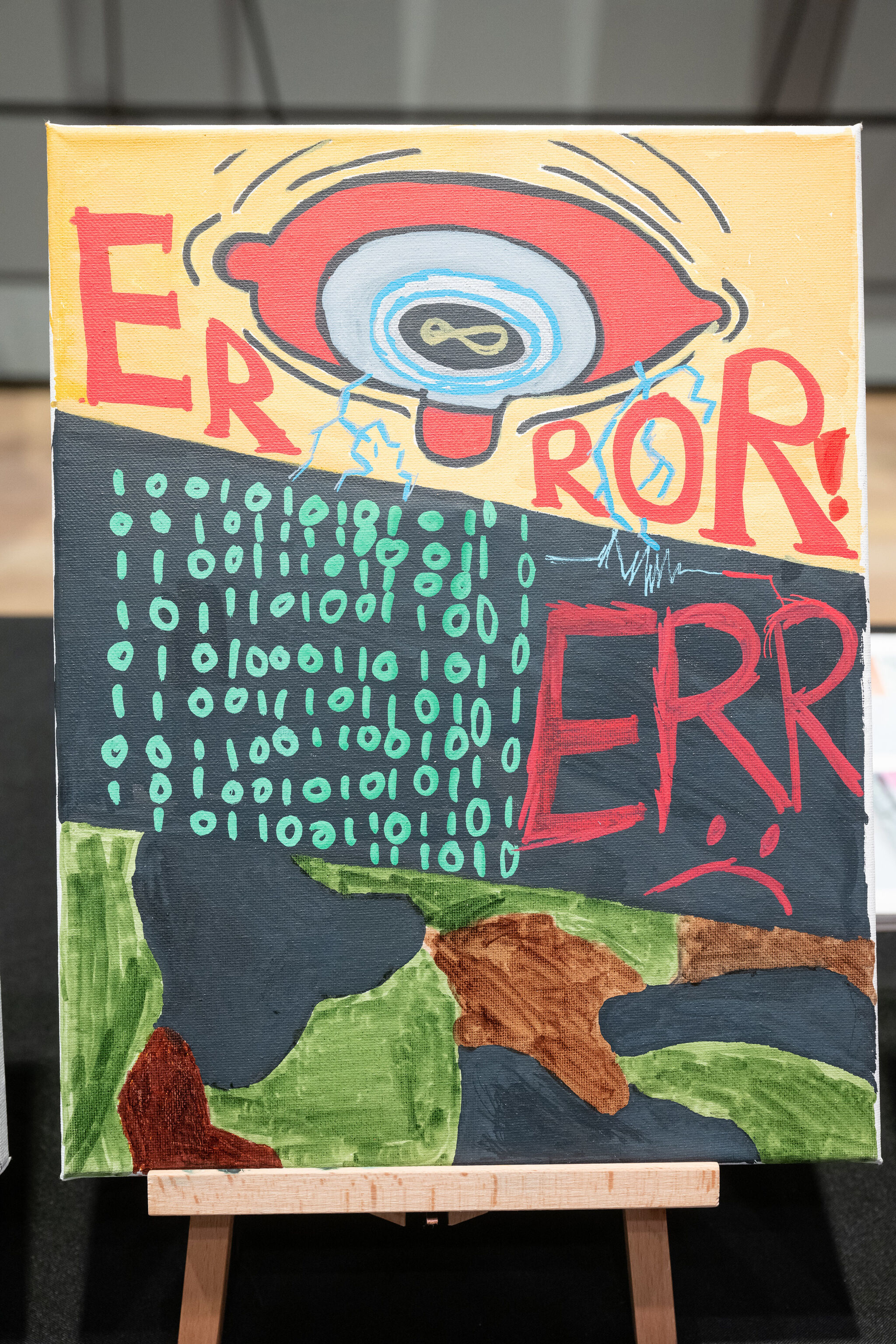 Colorful abstract painting with the word "ERROR" and binary code. Features a large eye and a sad face, with green and brown shapes.