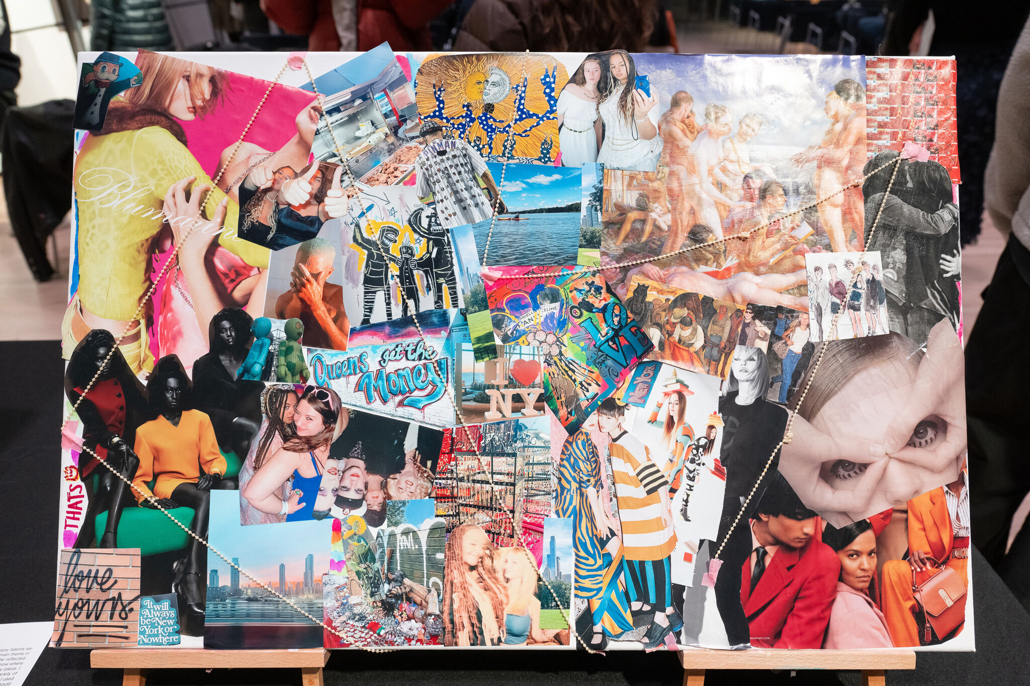 A vibrant collage featuring various images and text, including fashion models, abstract art, and phrases like "Queens get the money."