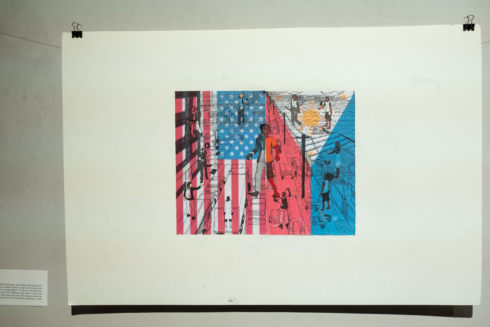 Colorful artwork on paper, divided into sections with American flag motifs and various figures in urban and rural settings.